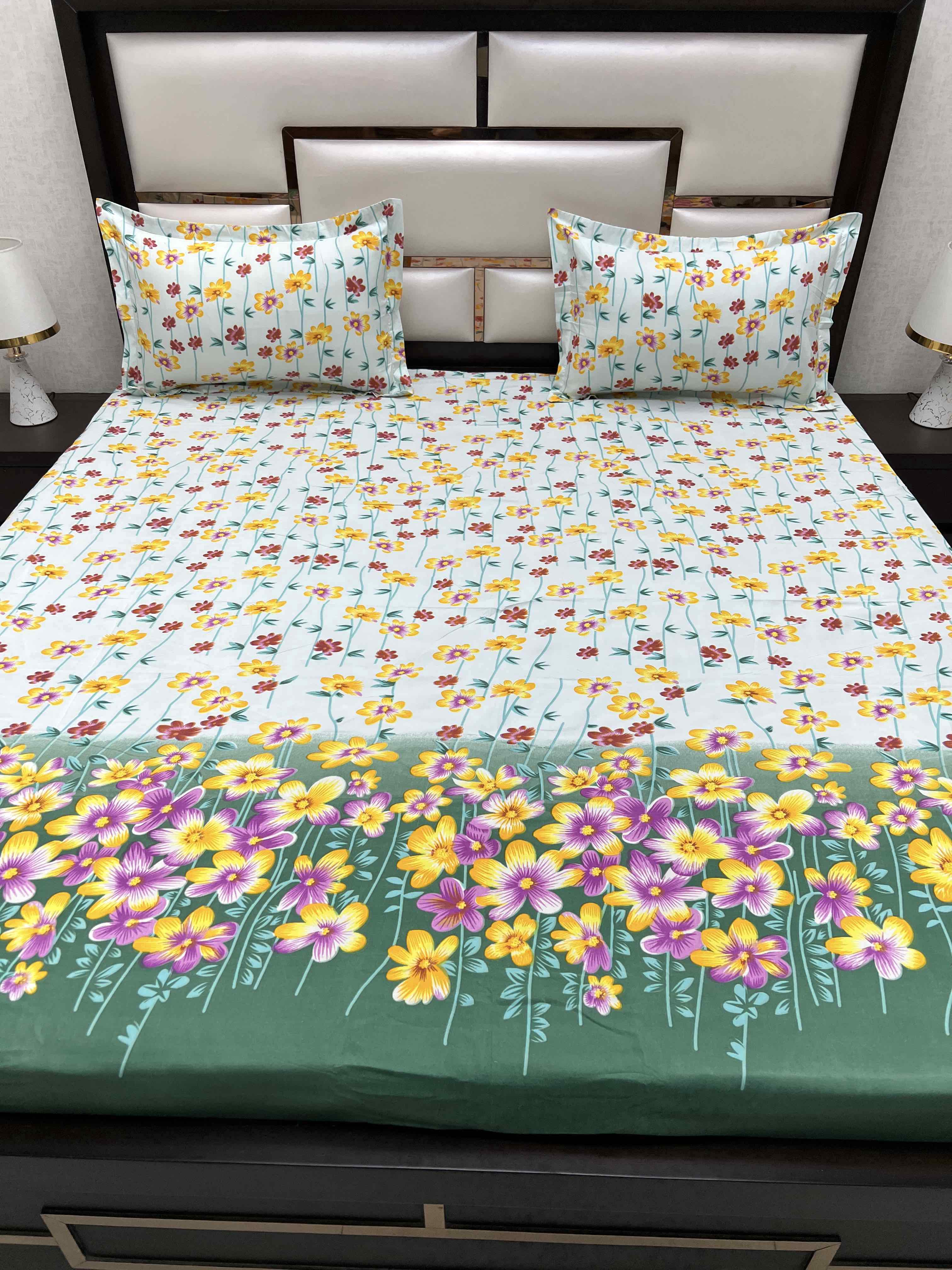 A-4414 - Poly Cotton 130 GSM Queen Size Double Bedsheet (228X254) with Two Pillow Covers (43X68)