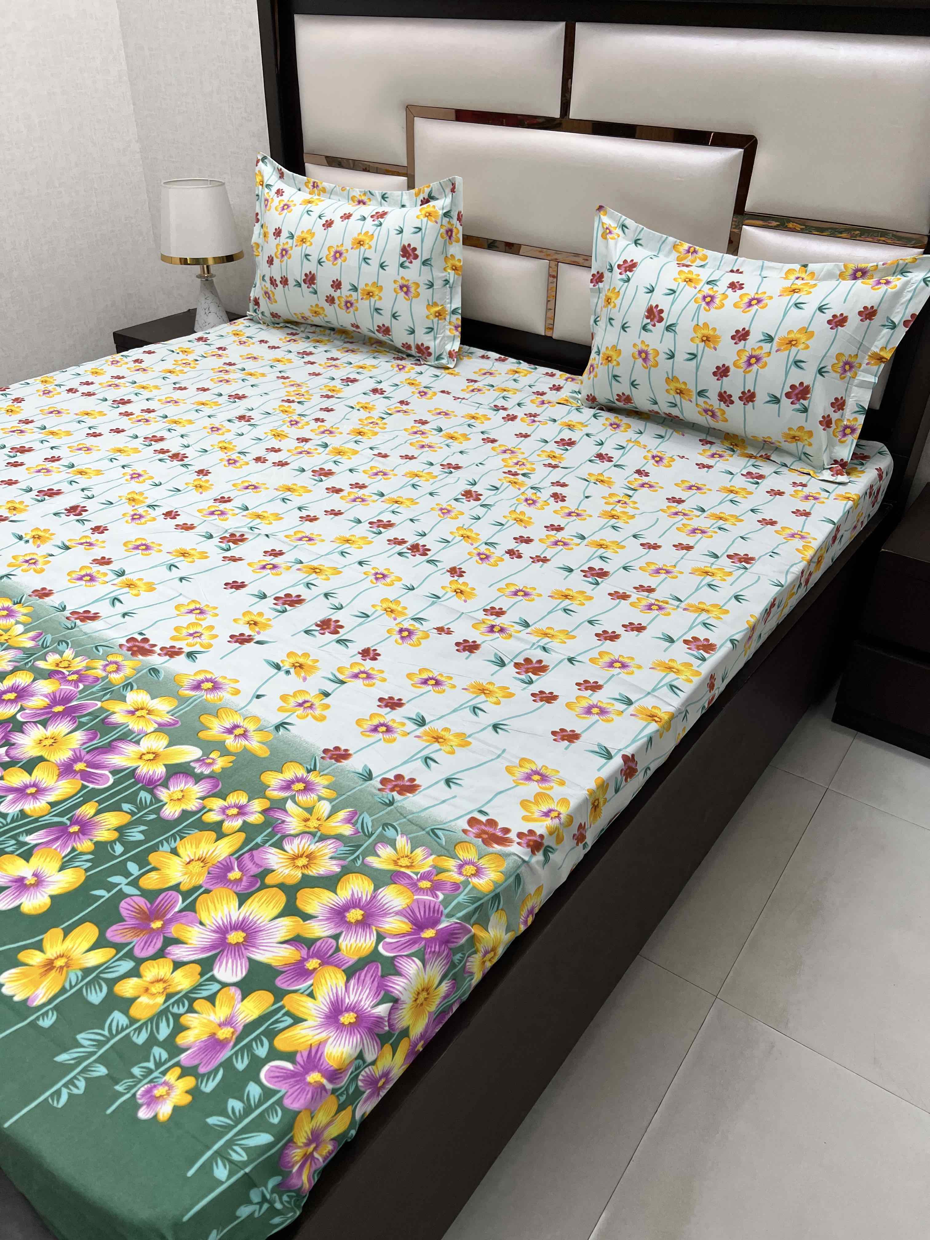 A-4414 - Poly Cotton 130 GSM Queen Size Double Bedsheet (228X254) with Two Pillow Covers (43X68)