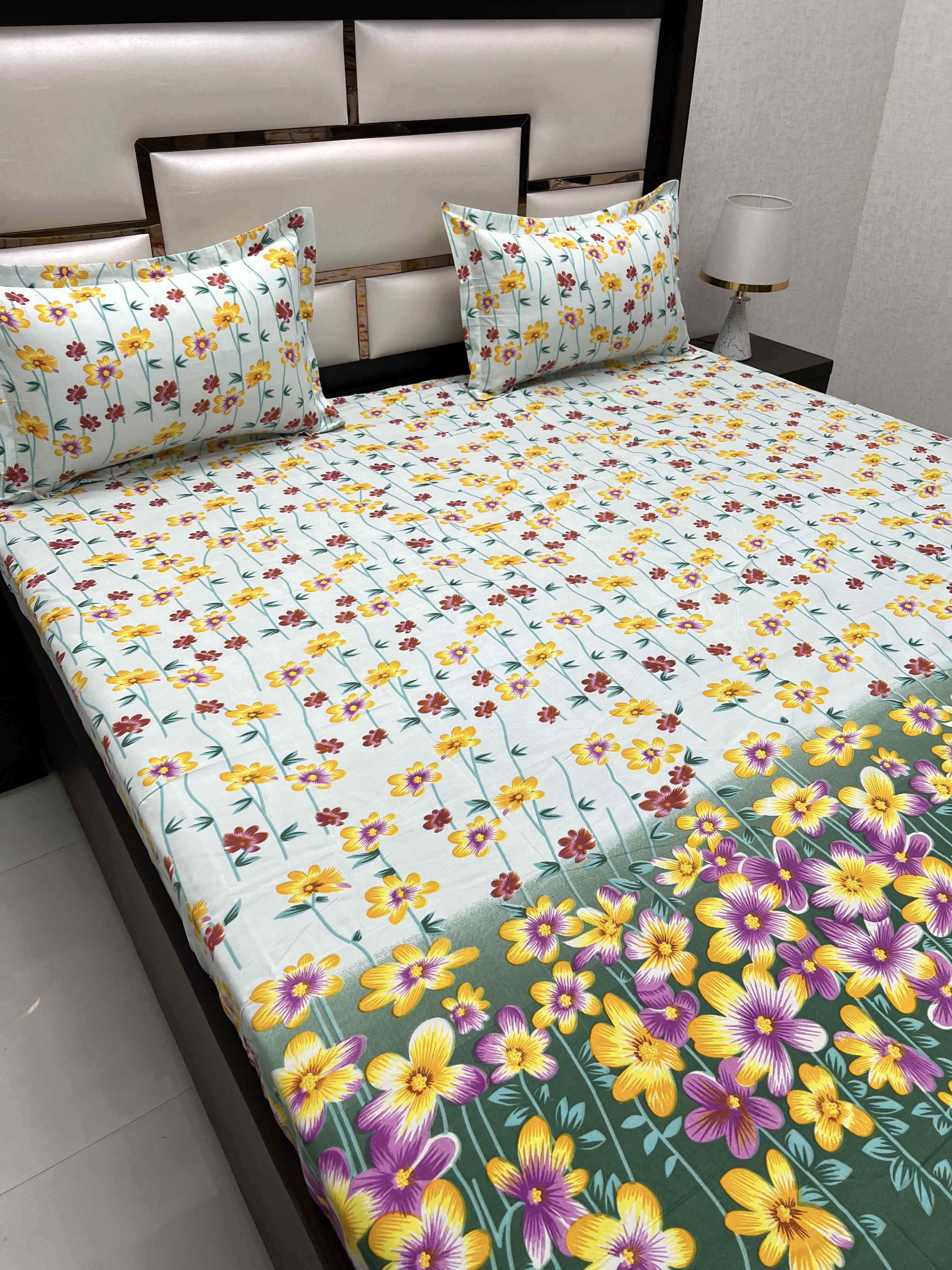 A-4414 - Poly Cotton 130 GSM Queen Size Double Bedsheet (228X254) with Two Pillow Covers (43X68)