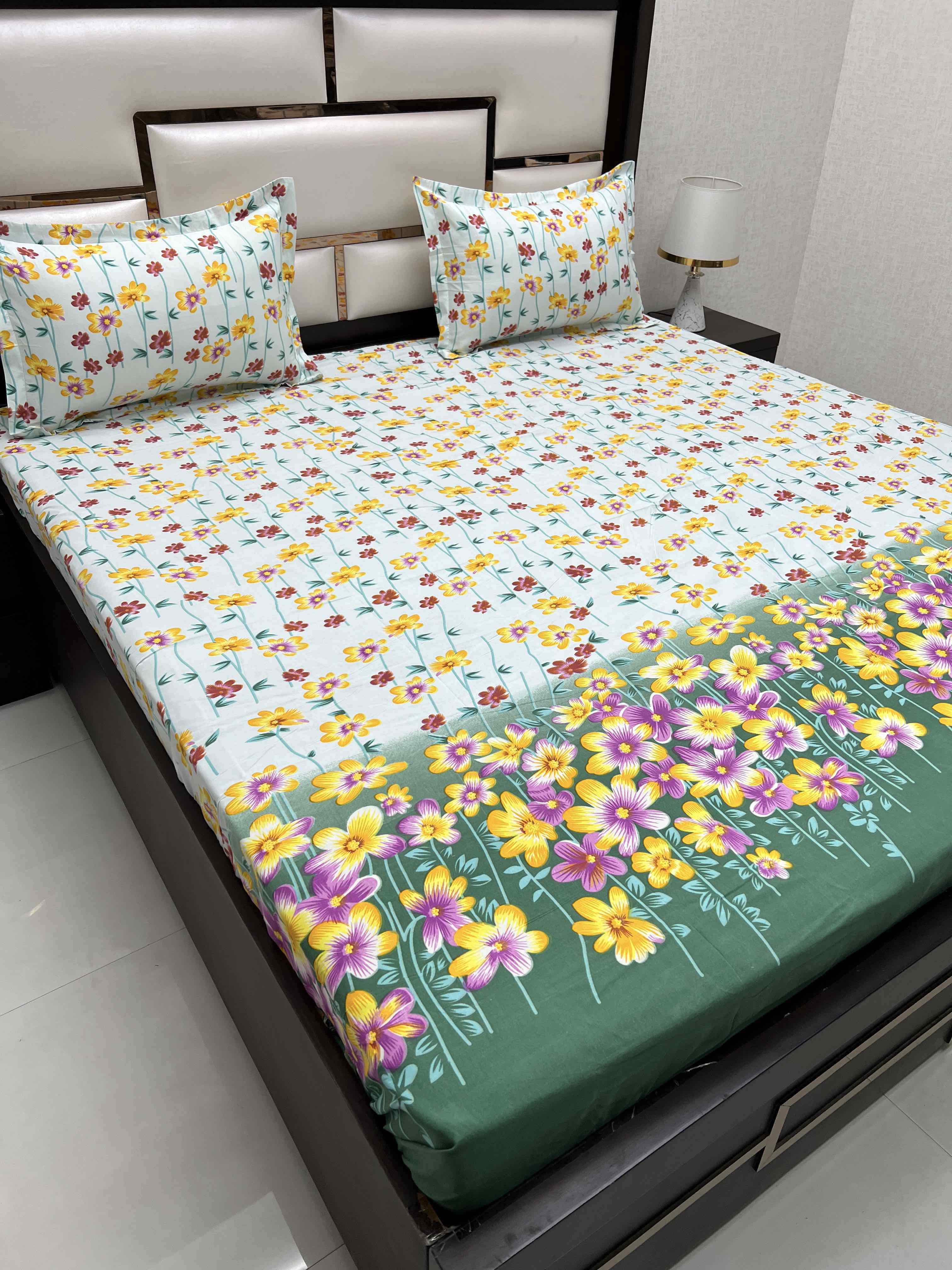 A-4414 - Poly Cotton 130 GSM Queen Size Double Bedsheet (228X254) with Two Pillow Covers (43X68)