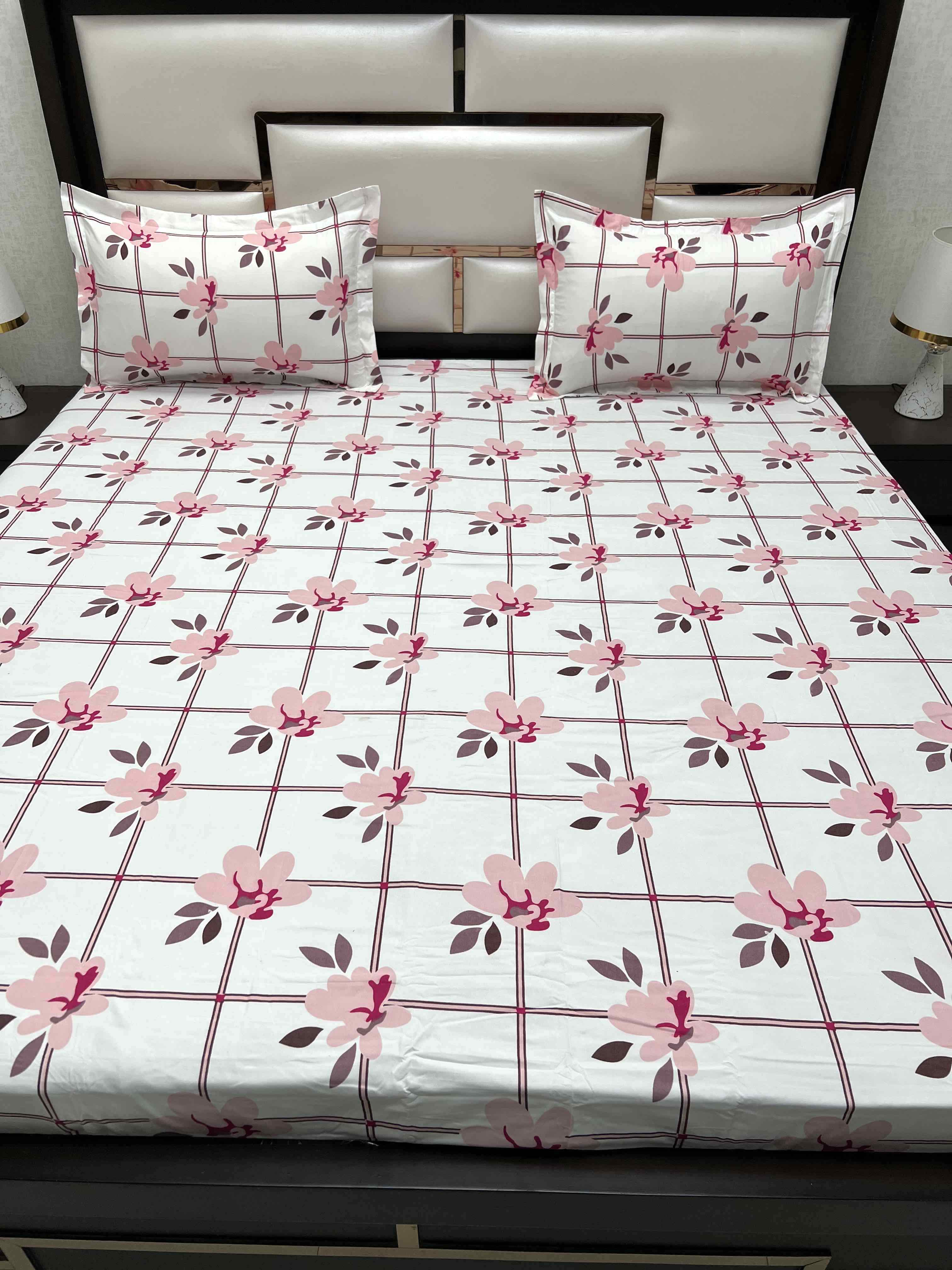 A-4419 - Poly Cotton 130 GSM Queen Size Double Bedsheet (228X254) with Two Pillow Covers (43X68)