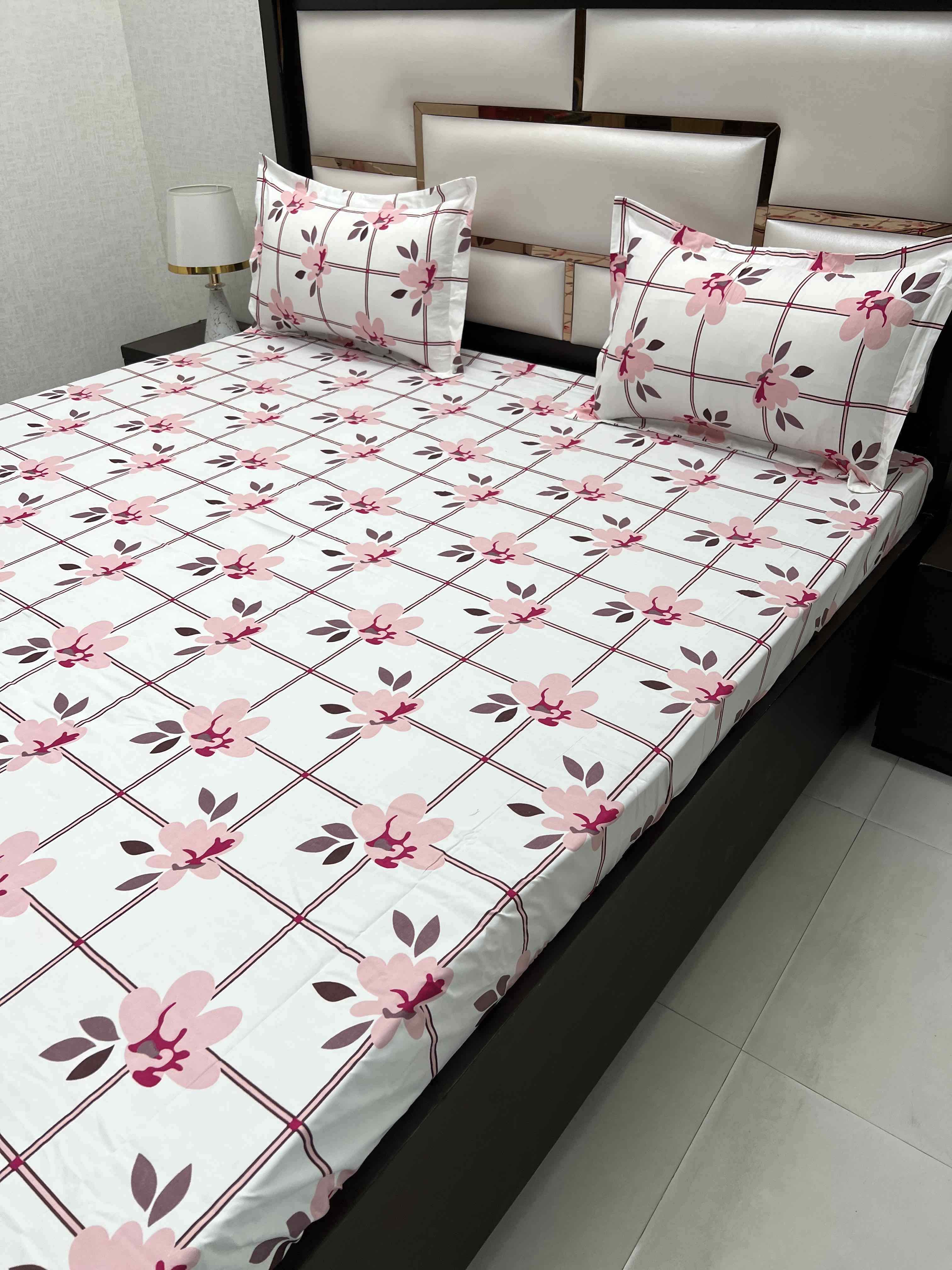 A-4419 - Poly Cotton 130 GSM Queen Size Double Bedsheet (228X254) with Two Pillow Covers (43X68)