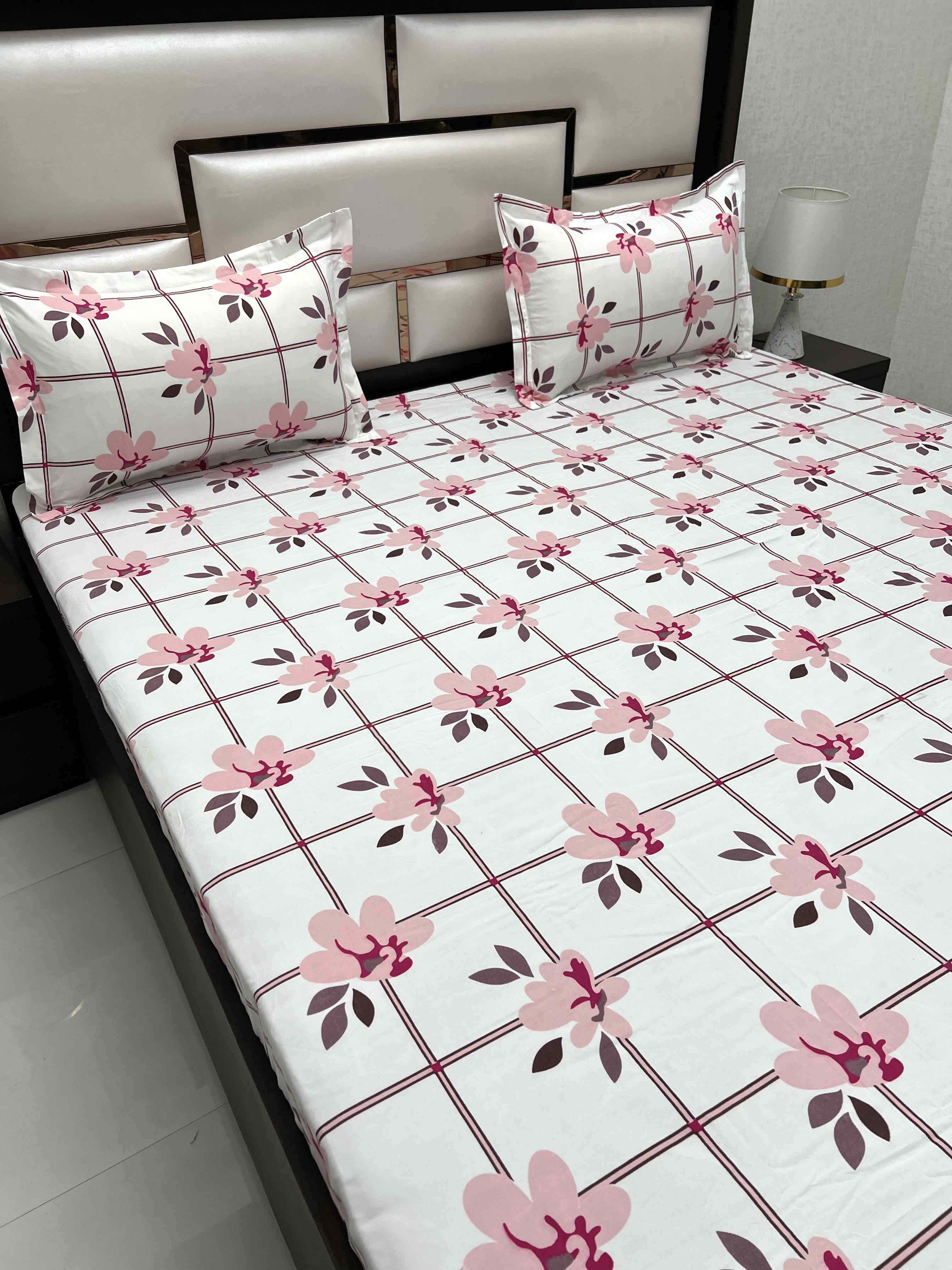 A-4419 - Poly Cotton 130 GSM Queen Size Double Bedsheet (228X254) with Two Pillow Covers (43X68)