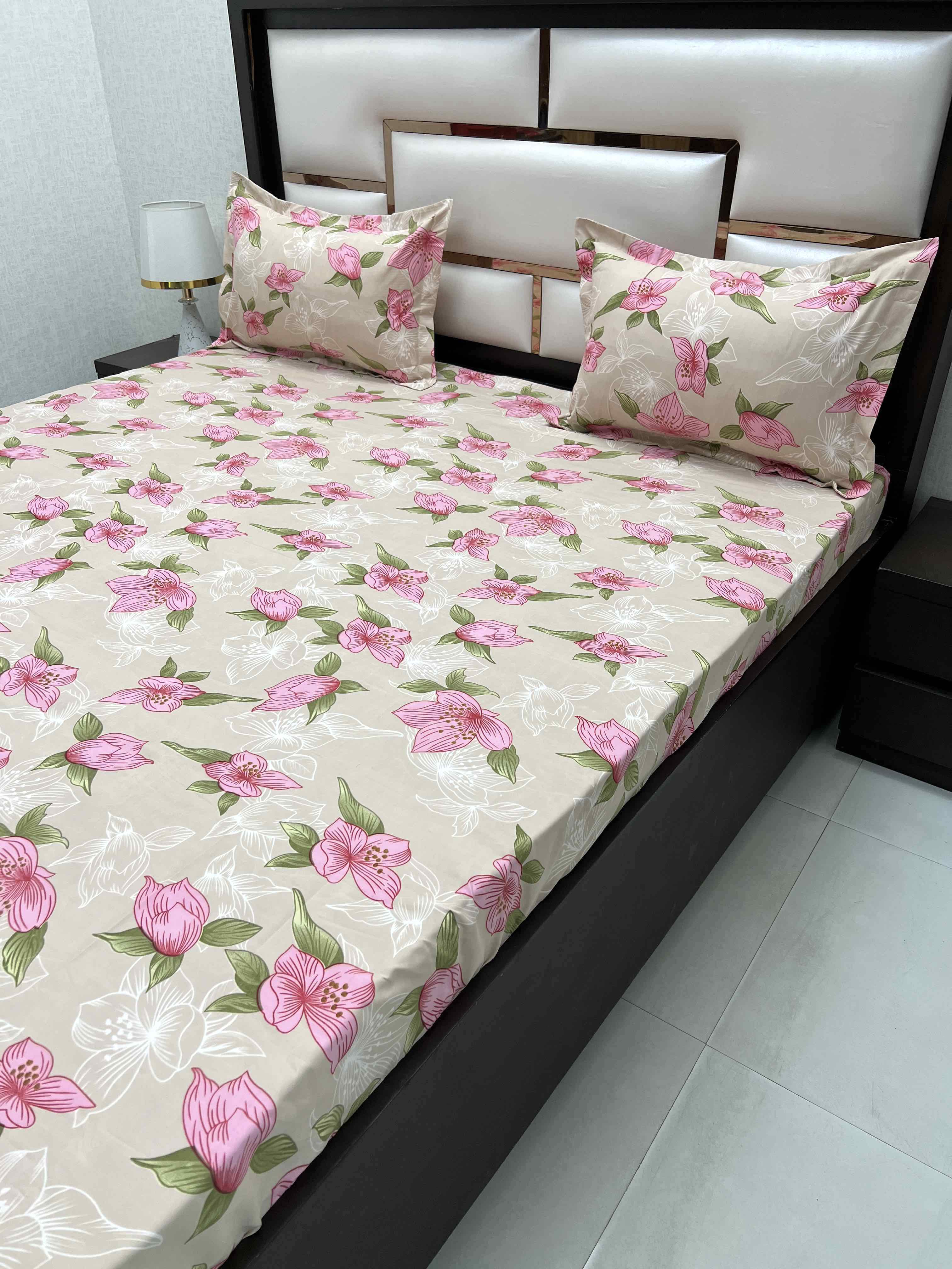 A-4421 - Poly Cotton 130 GSM Queen Size Double Bedsheet (228X254) with Two Pillow Covers (43X68)