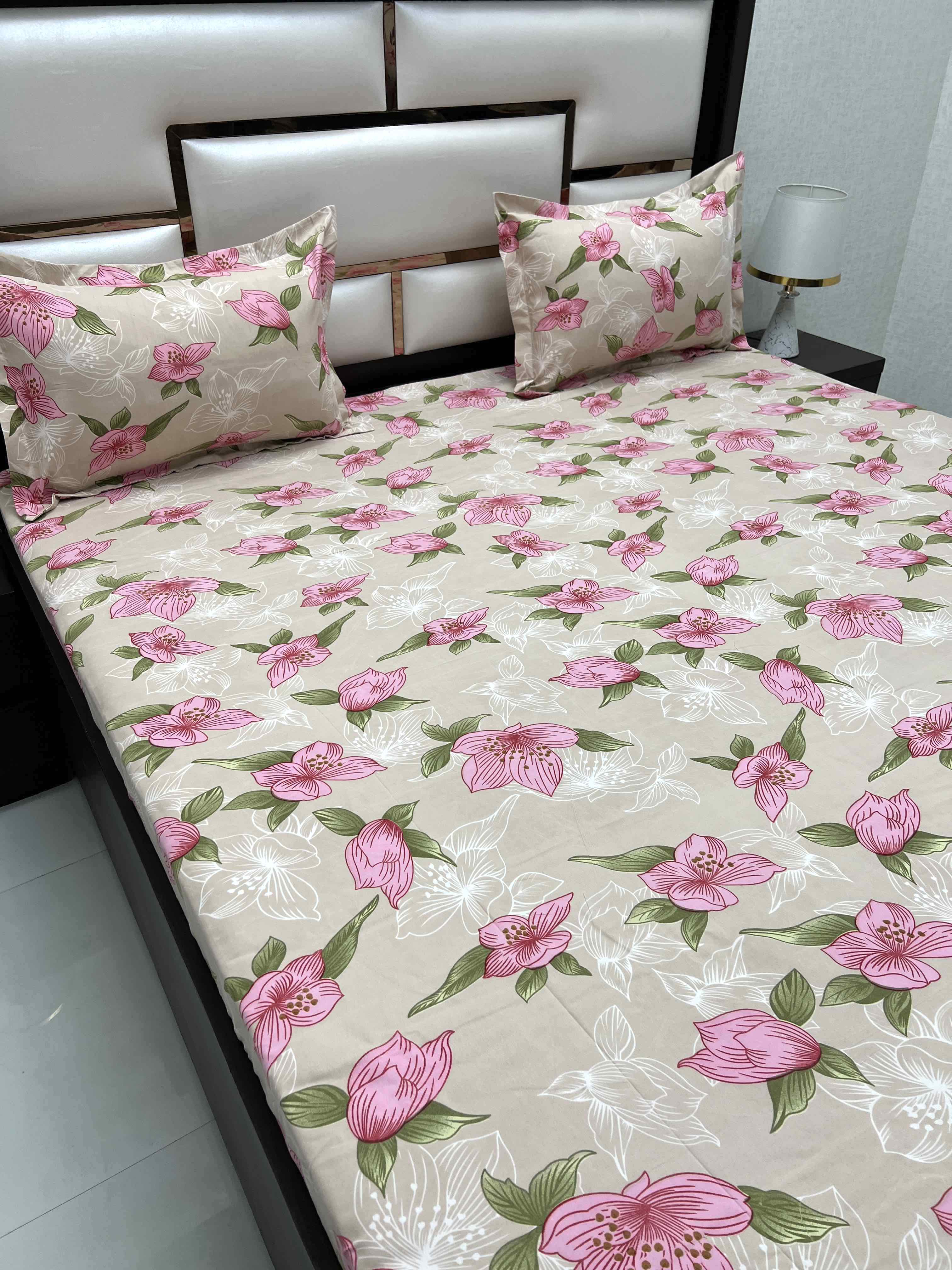 A-4421 - Poly Cotton 130 GSM Queen Size Double Bedsheet (228X254) with Two Pillow Covers (43X68)