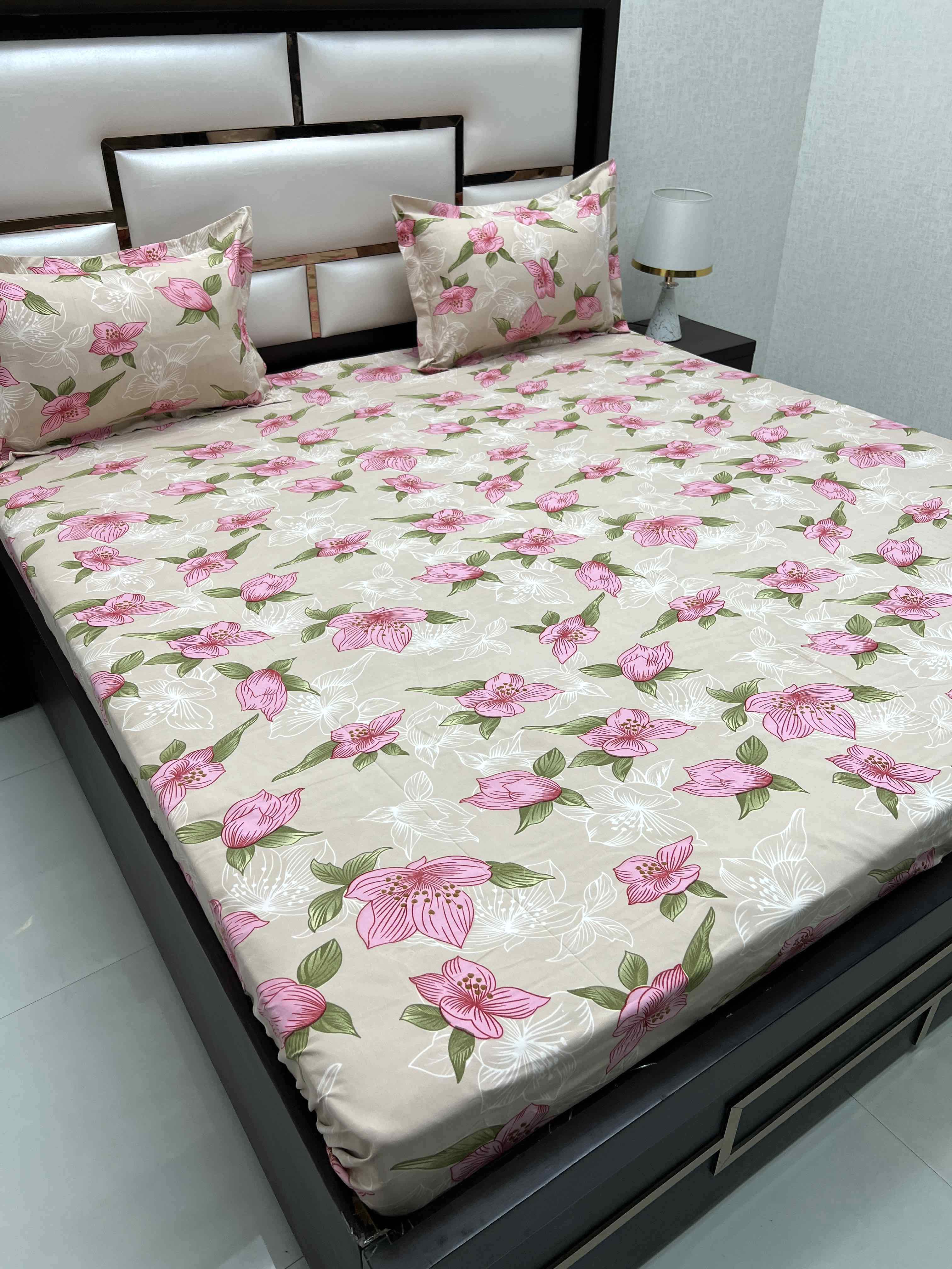 A-4421 - Poly Cotton 130 GSM Queen Size Double Bedsheet (228X254) with Two Pillow Covers (43X68)