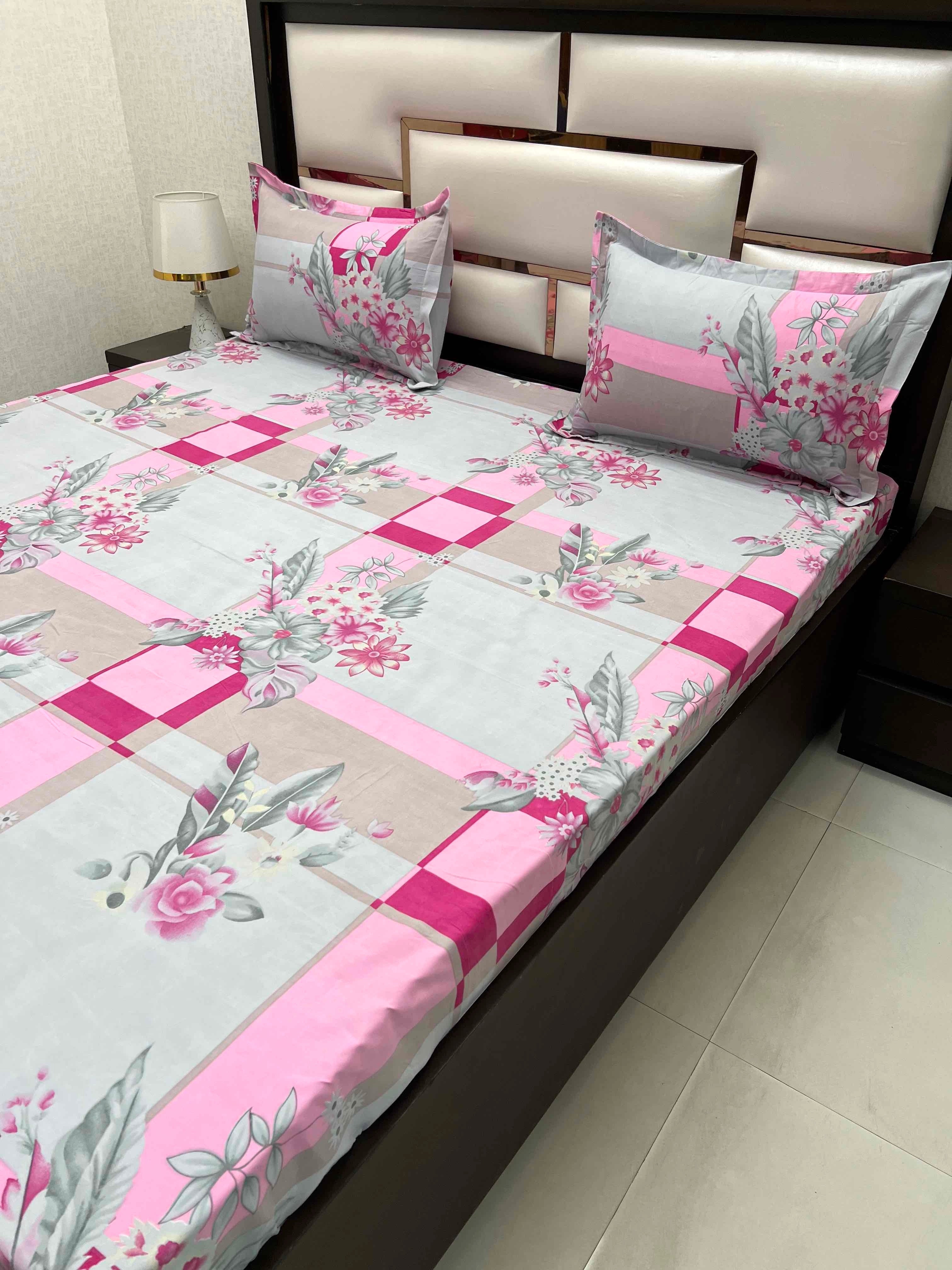 A-4423 - Poly Cotton 130 GSM Queen Size Double Bedsheet (228X254) with Two Pillow Covers (43X68)