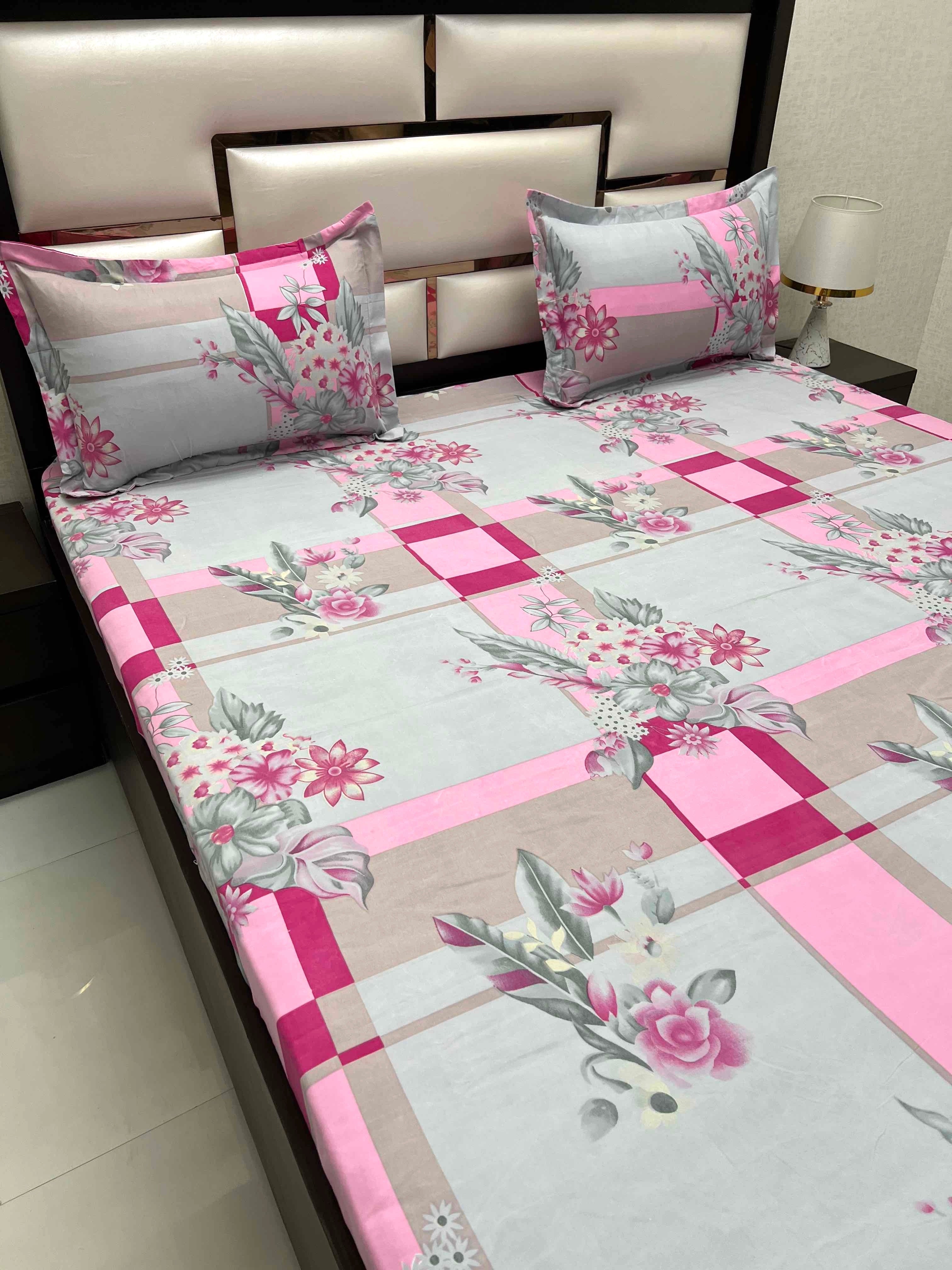 A-4423 - Poly Cotton 130 GSM Queen Size Double Bedsheet (228X254) with Two Pillow Covers (43X68)