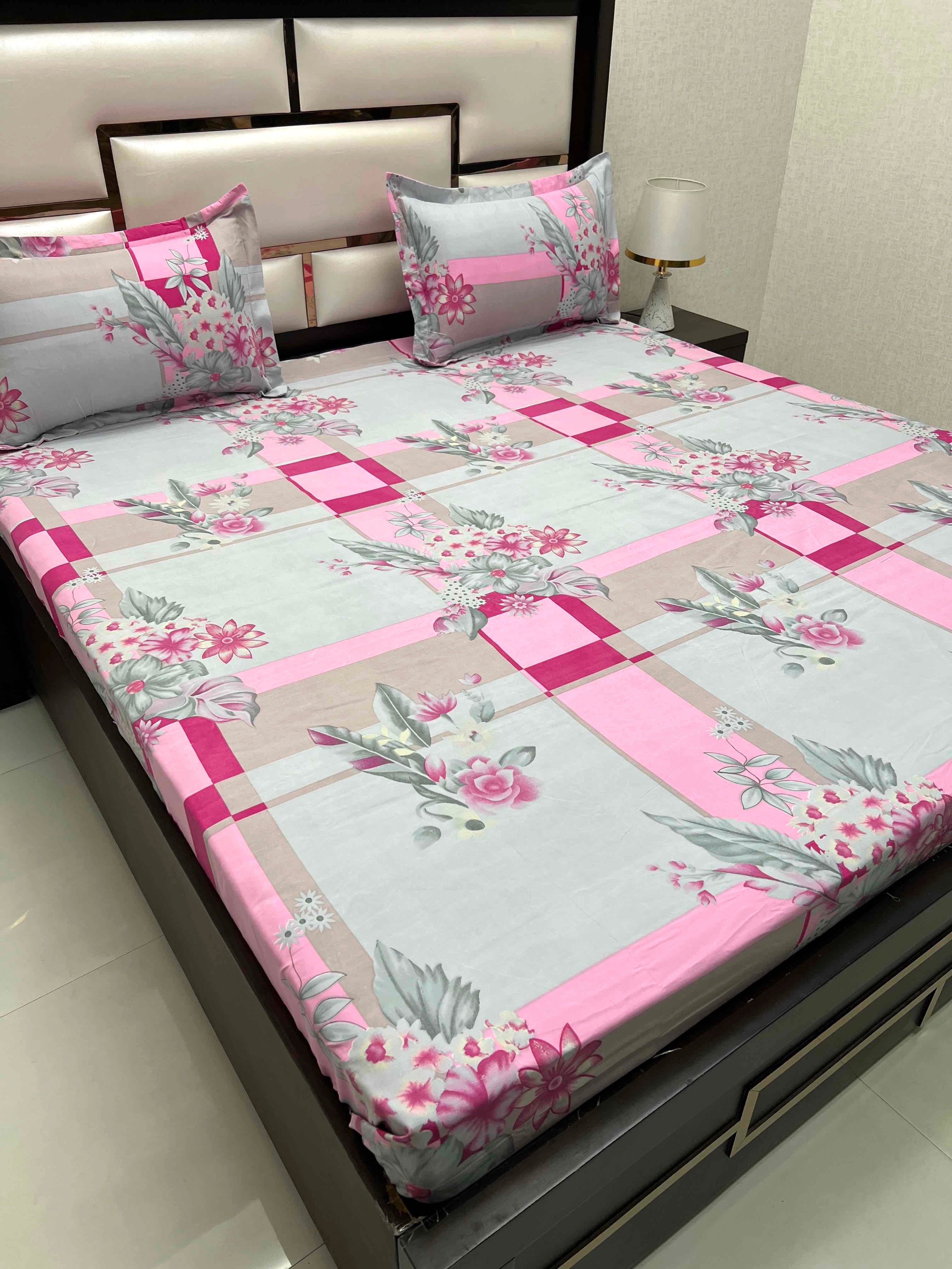 A-4423 - Poly Cotton 130 GSM Queen Size Double Bedsheet (228X254) with Two Pillow Covers (43X68)