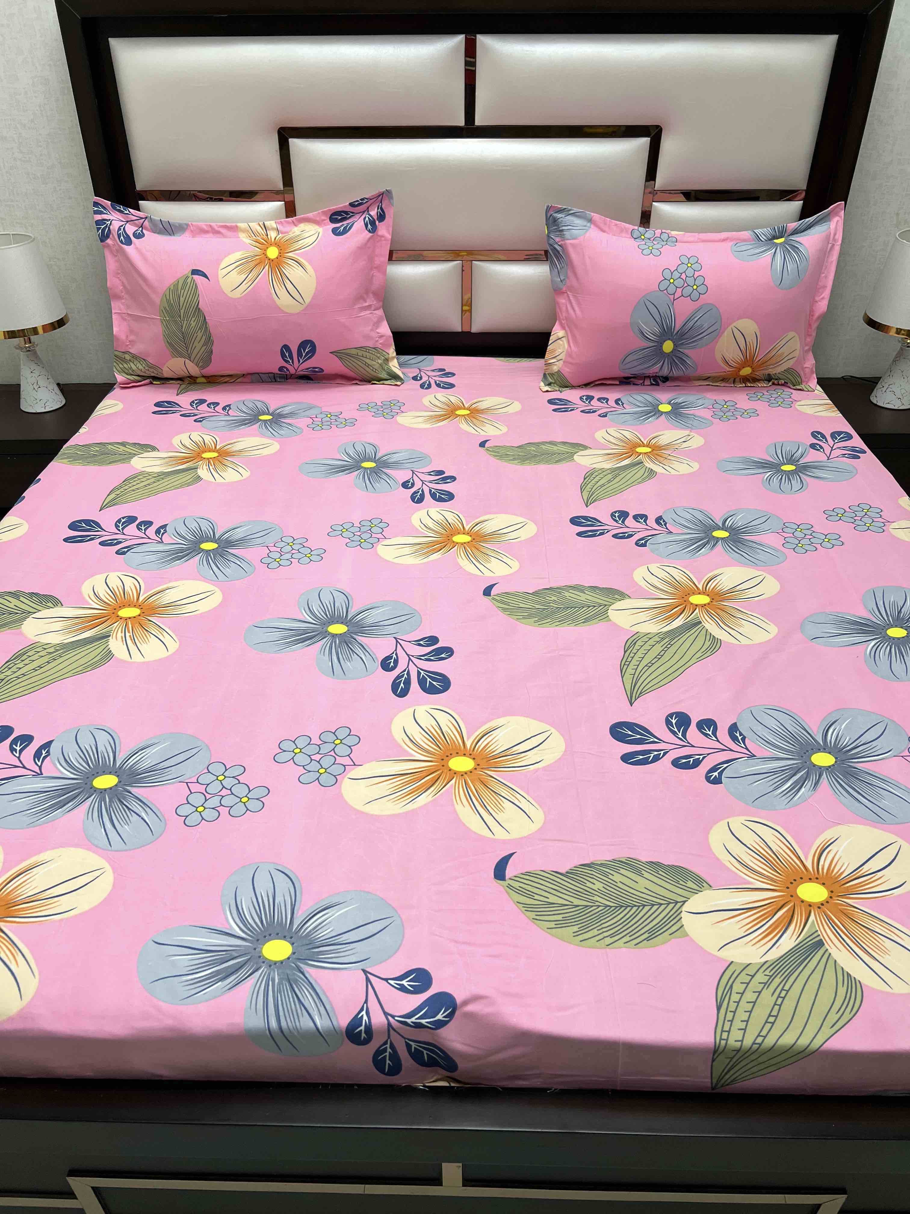 A-4439 - Poly Cotton 130 GSM King Size Double Bedsheet (274X274) with Two Pillow Covers (50X76)