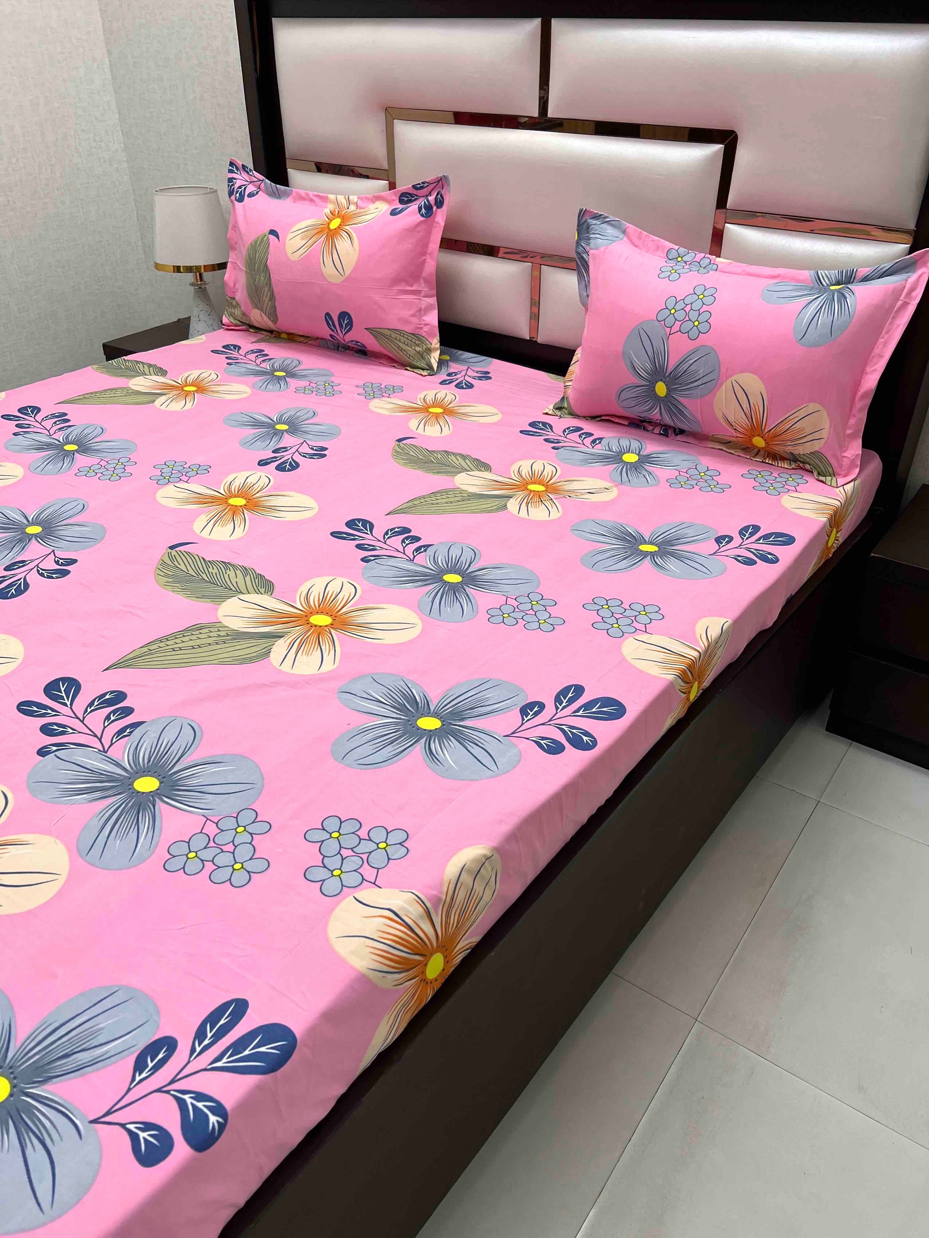 A-4439 - Poly Cotton 130 GSM King Size Double Bedsheet (274X274) with Two Pillow Covers (50X76)