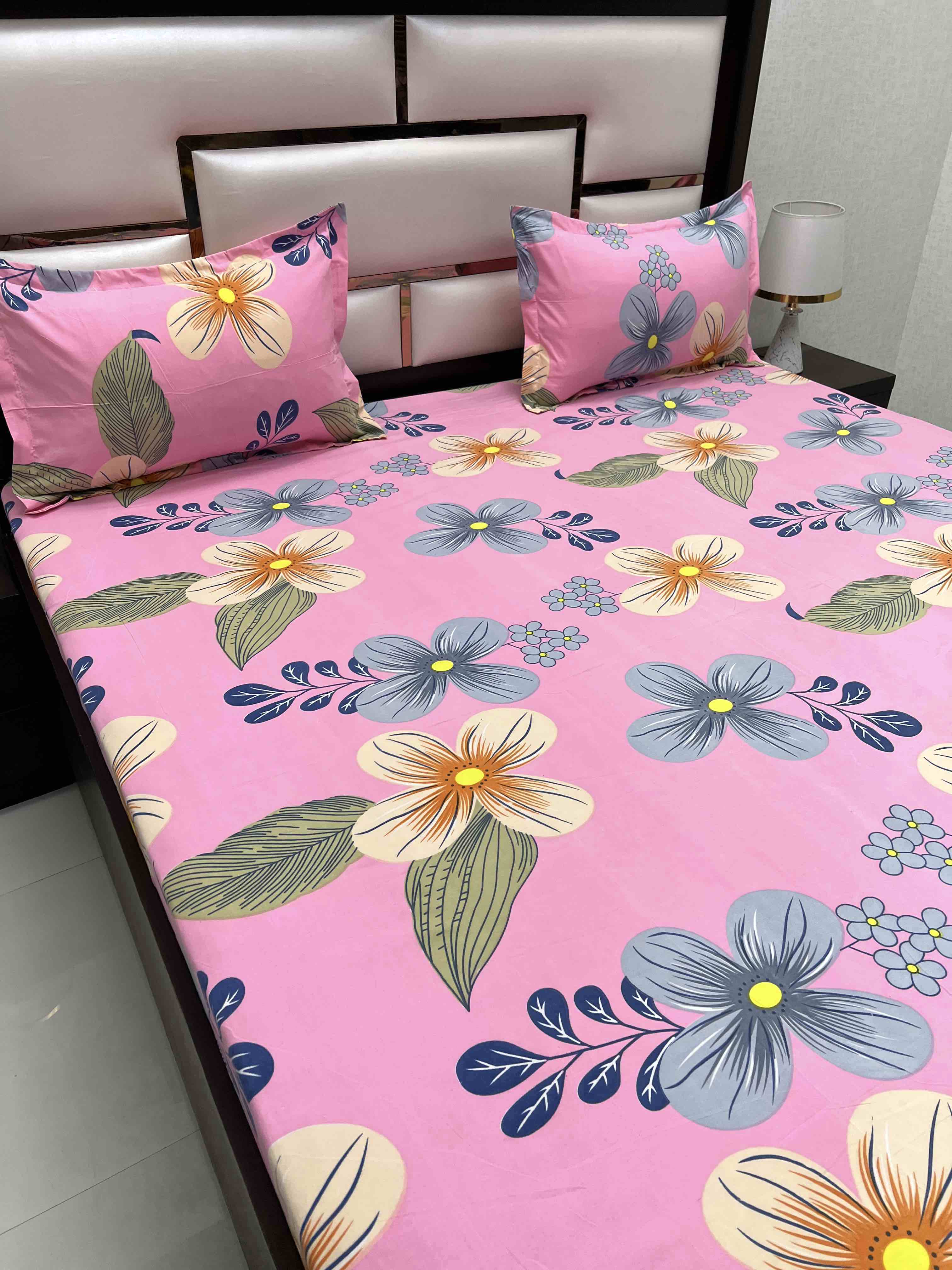 A-4439 - Poly Cotton 130 GSM King Size Double Bedsheet (274X274) with Two Pillow Covers (50X76)