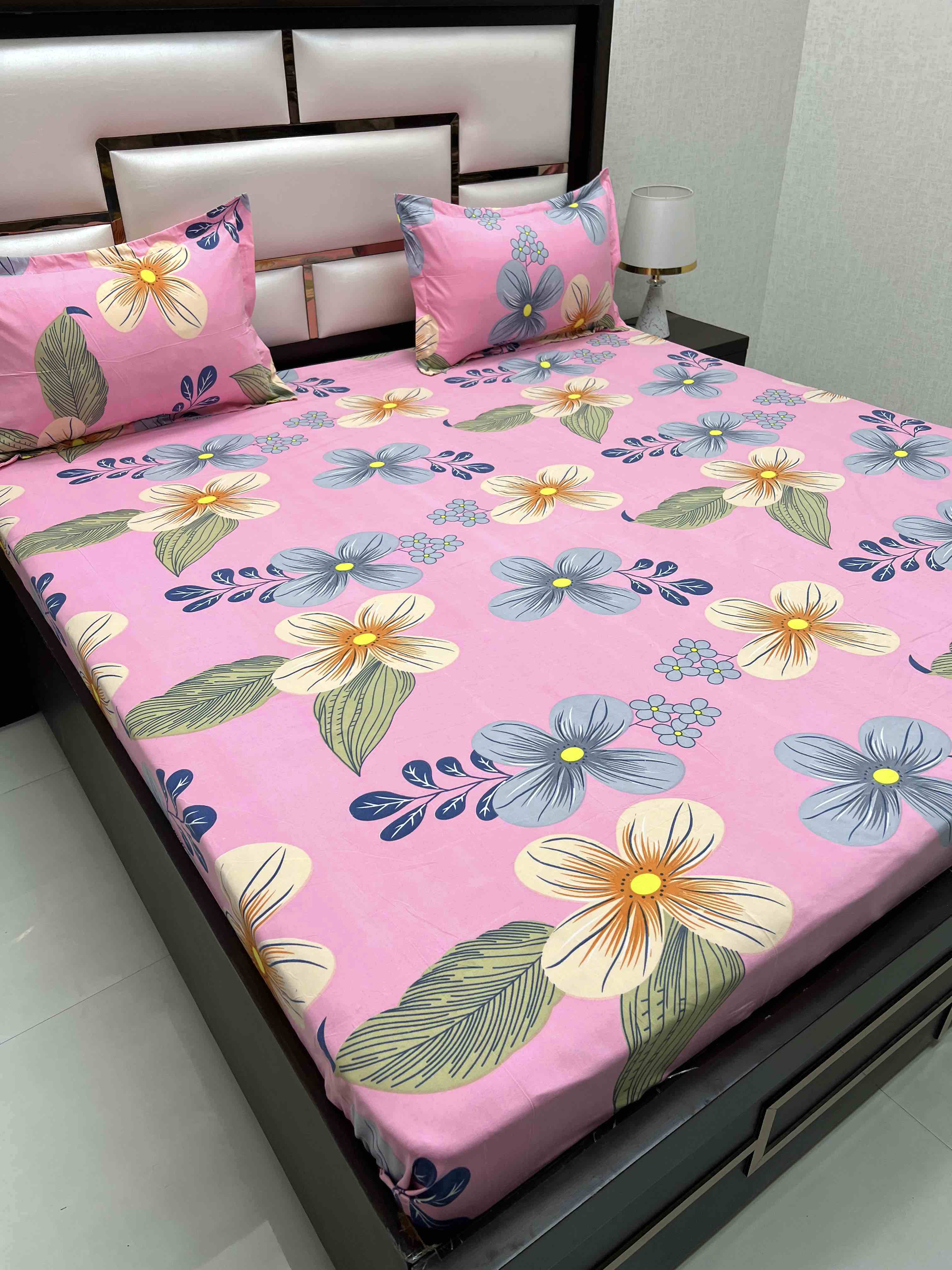 A-4439 - Poly Cotton 130 GSM King Size Double Bedsheet (274X274) with Two Pillow Covers (50X76)