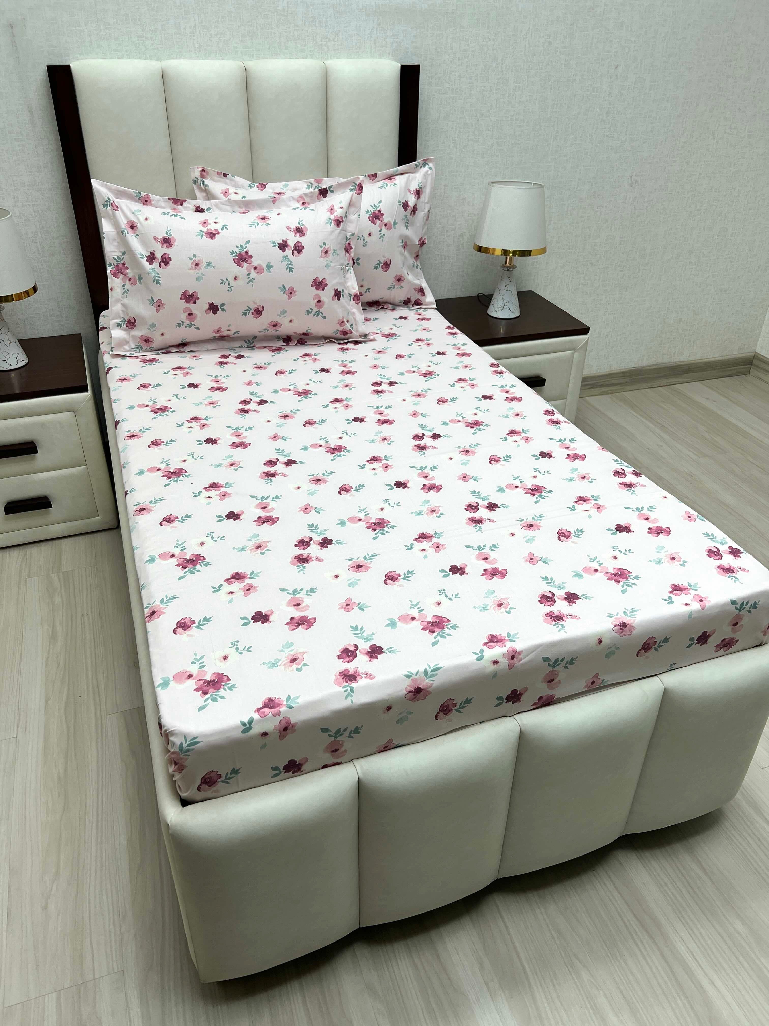 A-4652 - Pure Cotton 180 TC Single Bedsheet (173X236) with Two Pillow Covers (43X69)