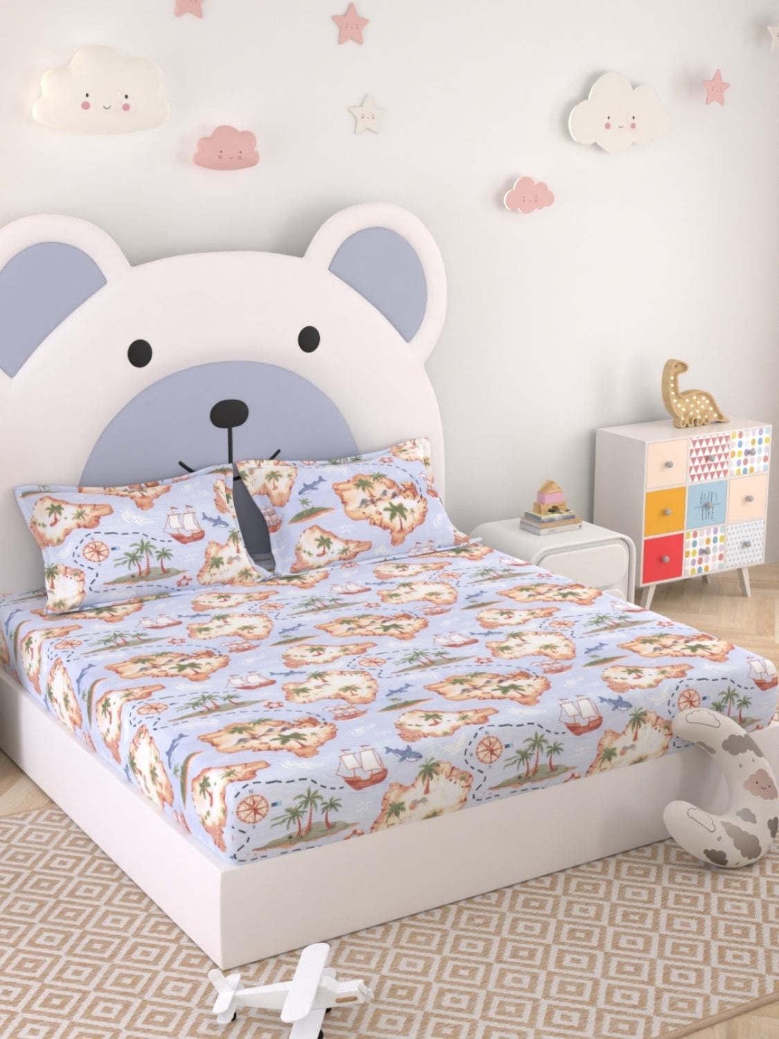 A-4956 - Pure Cotton 250 TC Queen Size Kids Double Bedsheet (228X254) with Two Pillow Covers (43X68)