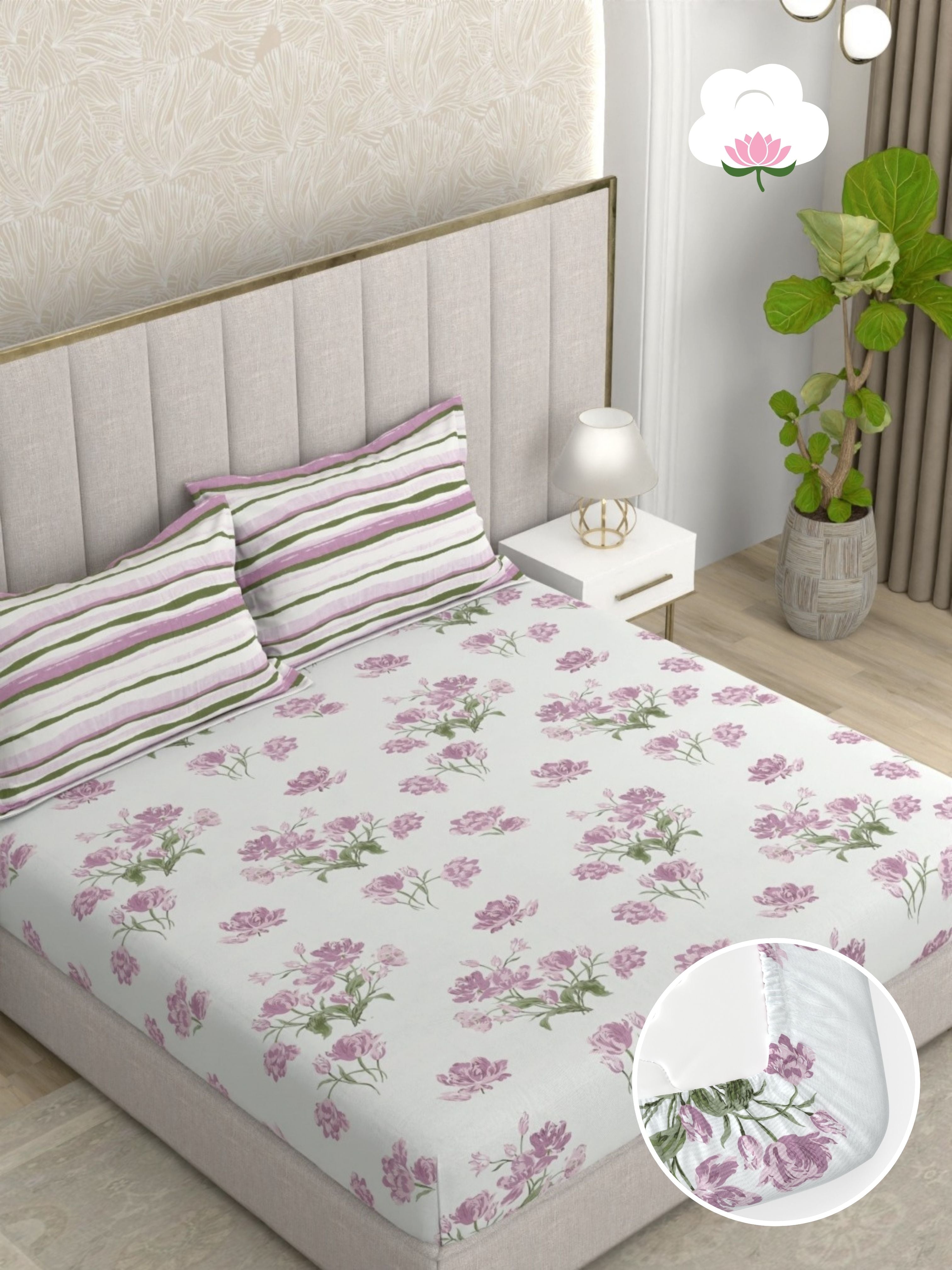 A-5050 - Pure Cotton 180 TC King Size Fitted Bedsheet (183X193) with Two Pillow Covers (43X69)