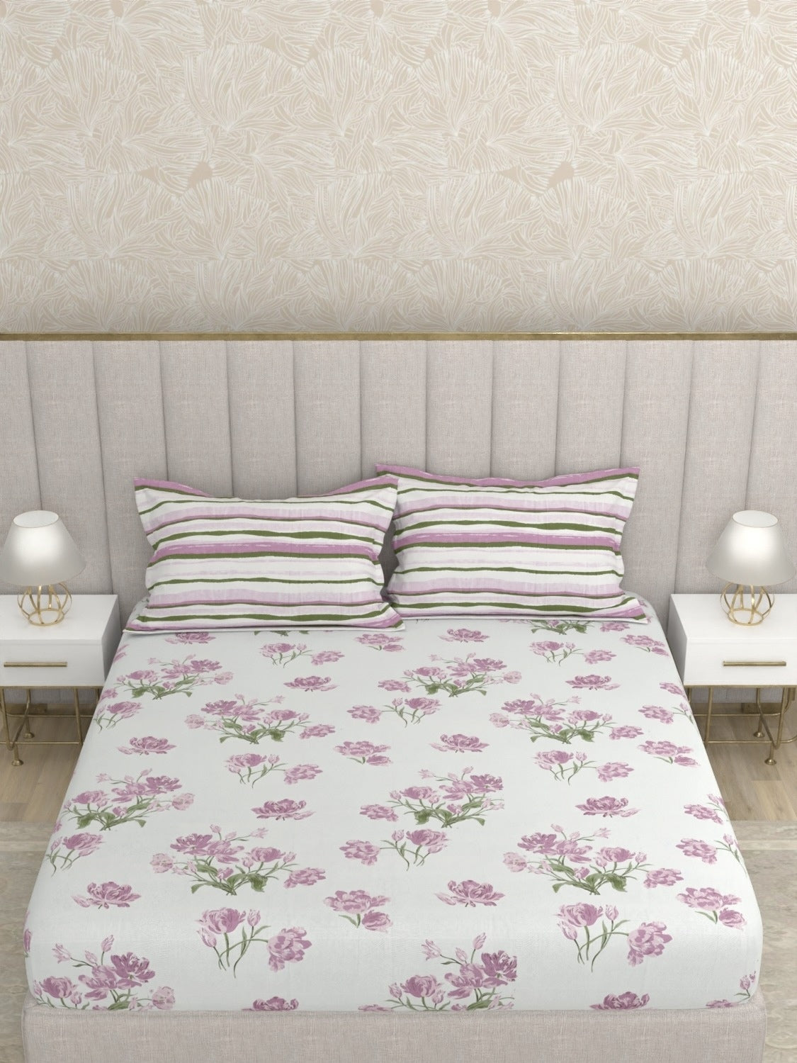 A-5050 - Pure Cotton 180 TC King Size Fitted Bedsheet (183X193) with Two Pillow Covers (43X69)