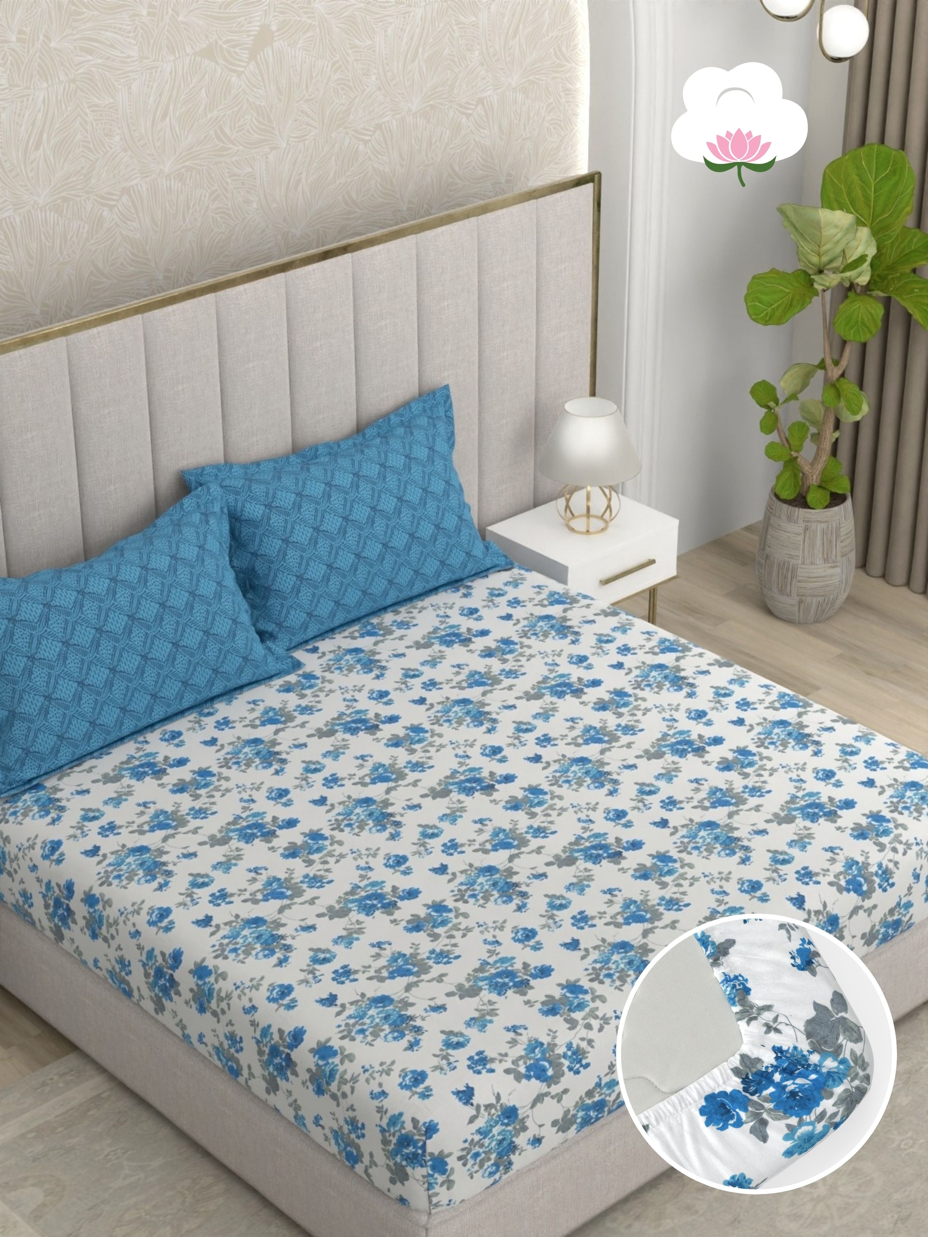 A-5051 - Pure Cotton 180 TC King Size Fitted Bedsheet (183X193) with Two Pillow Covers (43X69)