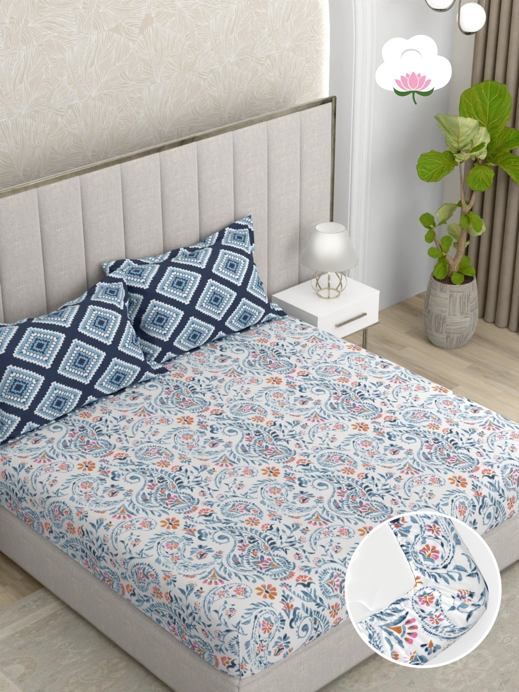 A-5052 - Pure Cotton 180 TC King Size Fitted Bedsheet (183X193) with Two Pillow Covers (43X69)