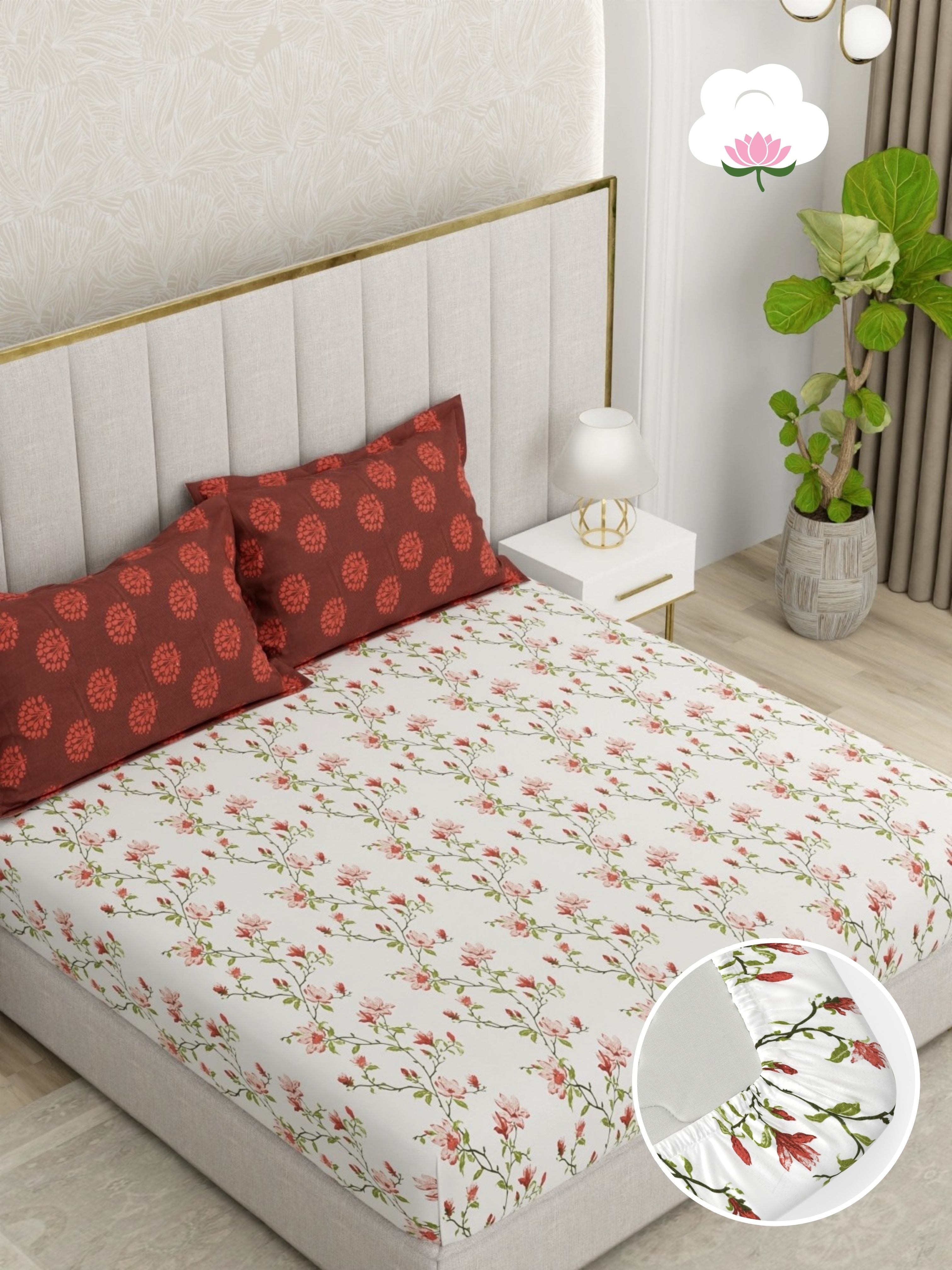 A-5053 - Pure Cotton 180 TC King Size Fitted Bedsheet (183X193) with Two Pillow Covers (43X69)