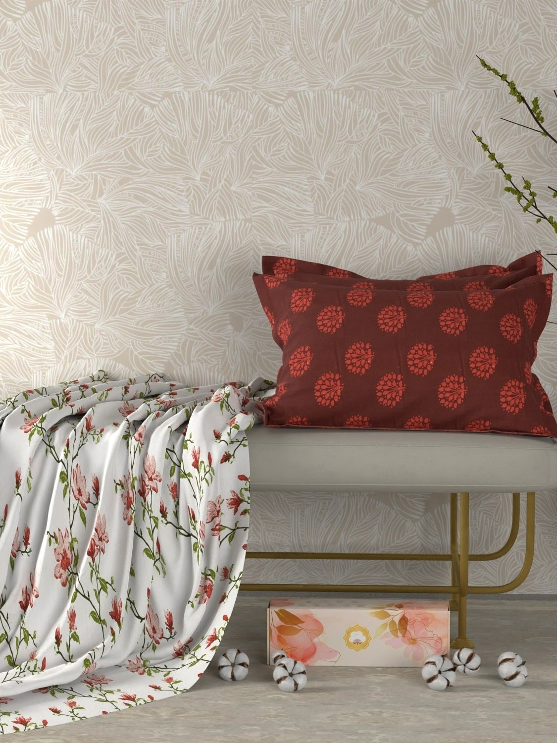 A-5053 - Pure Cotton 180 TC King Size Fitted Bedsheet (183X193) with Two Pillow Covers (43X69)