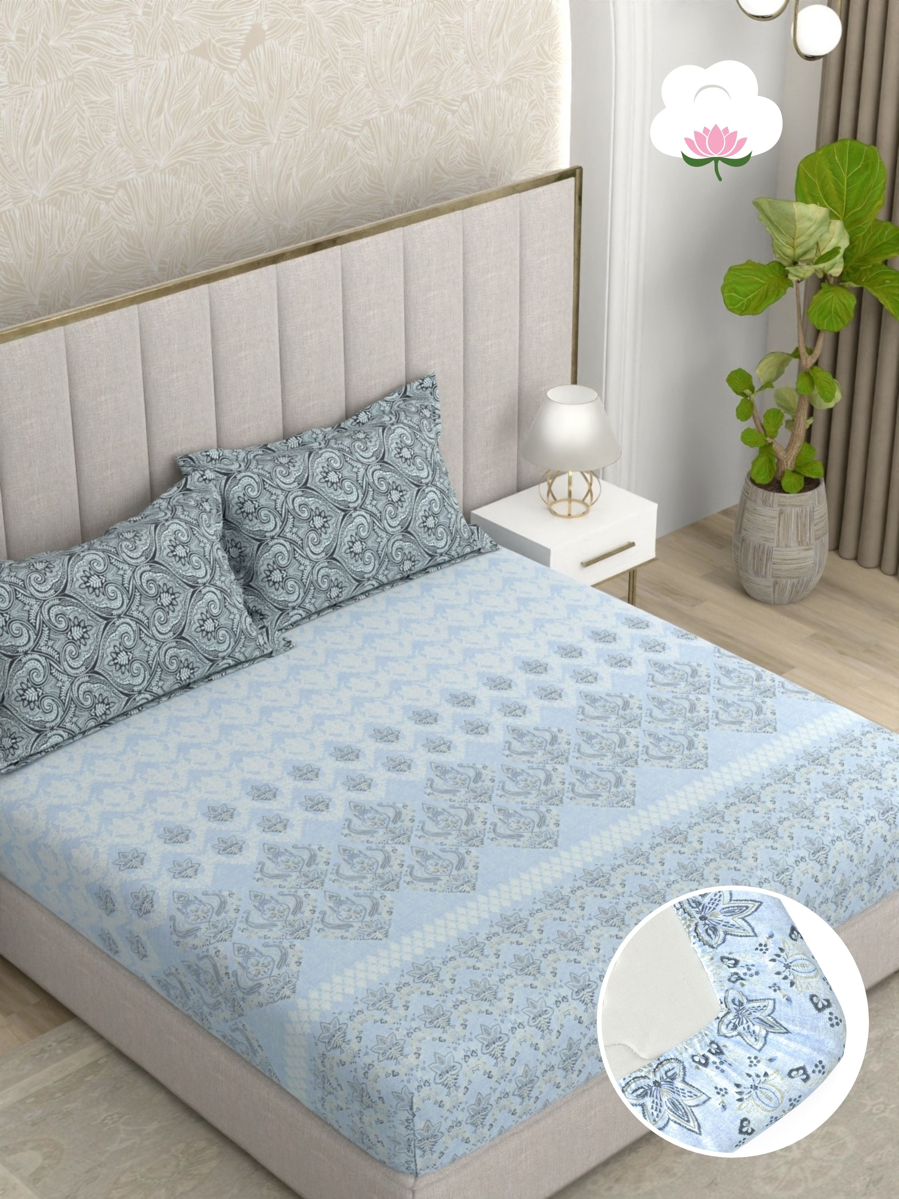 A-5054 - Pure Cotton 180 TC King Size Fitted Bedsheet (183X193) with Two Pillow Covers (43X69)