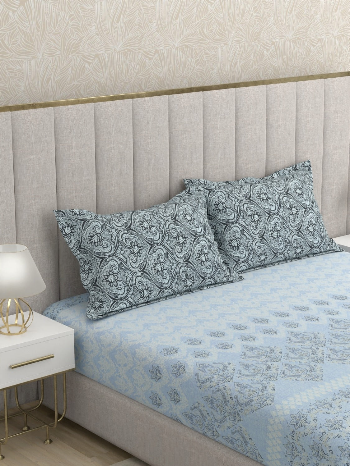 A-5054 - Pure Cotton 180 TC King Size Fitted Bedsheet (183X193) with Two Pillow Covers (43X69)