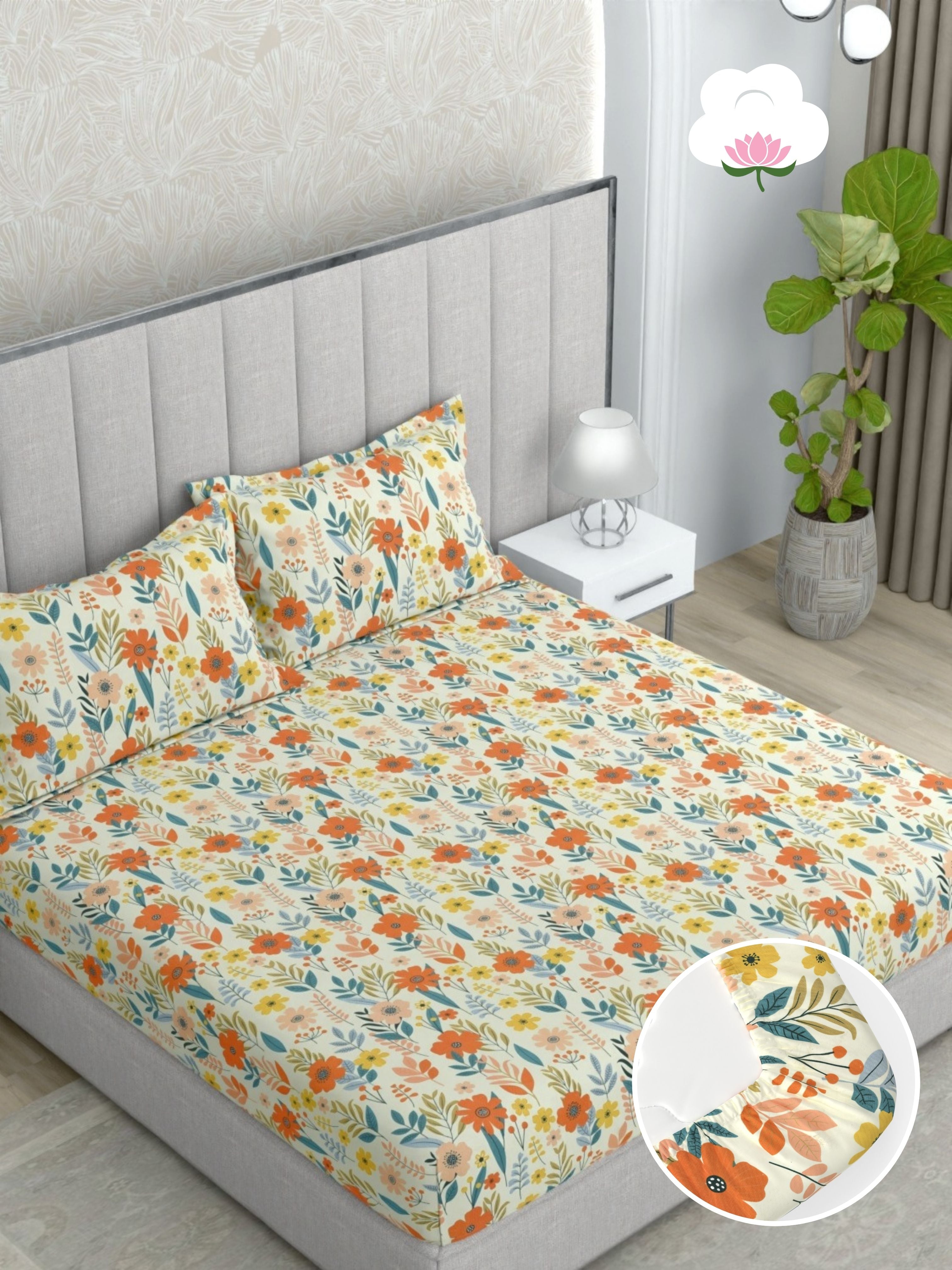 A-5055 - Poly Cotton 130 GSM King Size Fitted Bedsheet (183X198) with Two Pillow Covers (43X69)