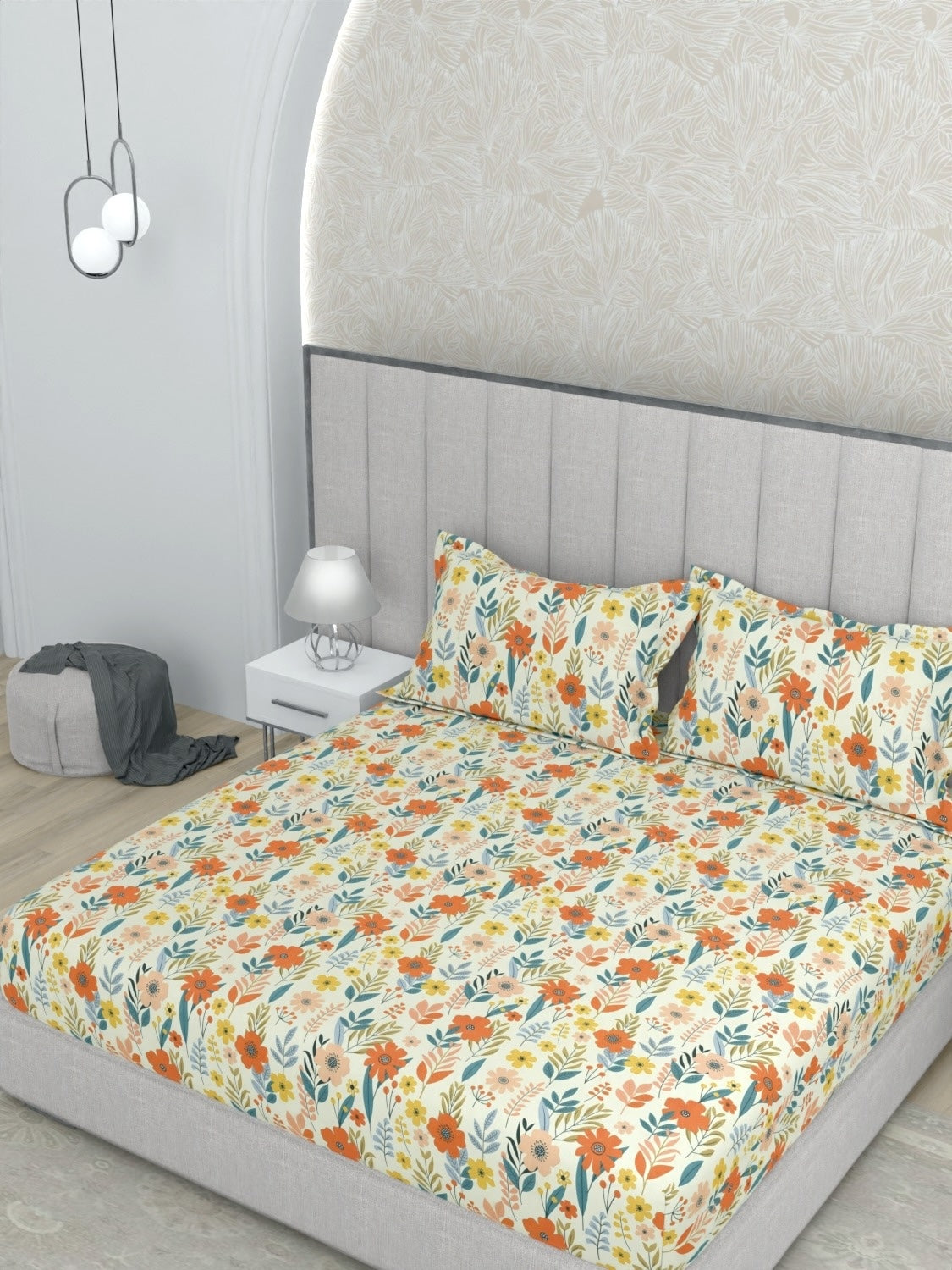 A-5055 - Poly Cotton 130 GSM King Size Fitted Bedsheet (183X198) with Two Pillow Covers (43X69)