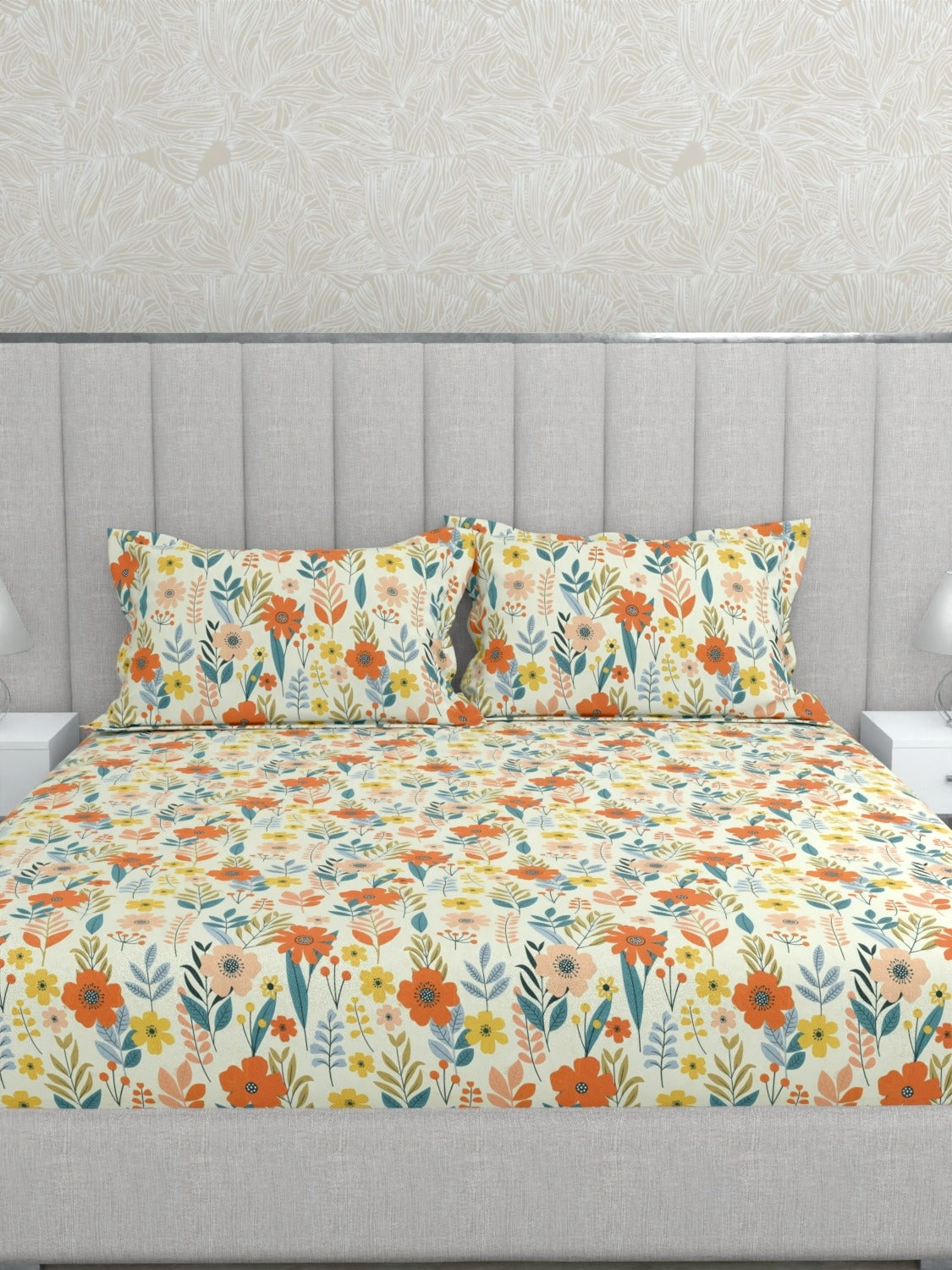 A-5055 - Poly Cotton 130 GSM King Size Fitted Bedsheet (183X198) with Two Pillow Covers (43X69)