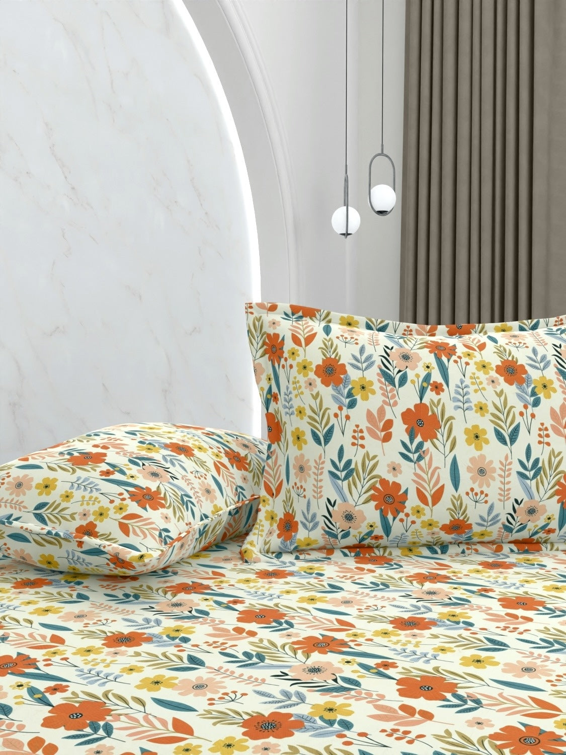 A-5055 - Poly Cotton 130 GSM King Size Fitted Bedsheet (183X198) with Two Pillow Covers (43X69)