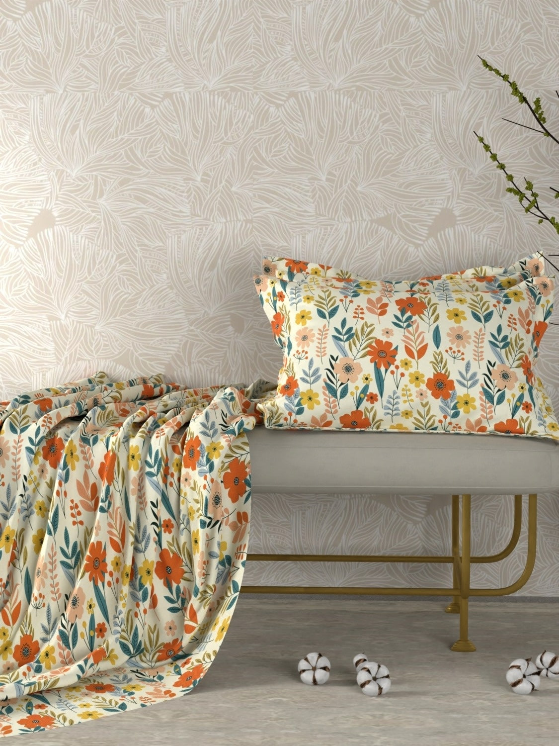 A-5055 - Poly Cotton 130 GSM King Size Fitted Bedsheet (183X198) with Two Pillow Covers (43X69)