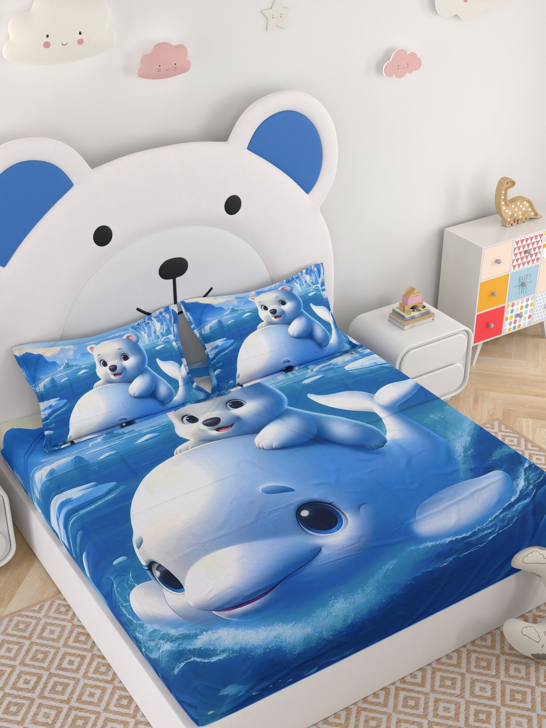 A-5057 - Poly Cotton 130 GSM Queen Size Digital Print Double Bedsheet (228X254) with Two Pillow Covers (43X69)