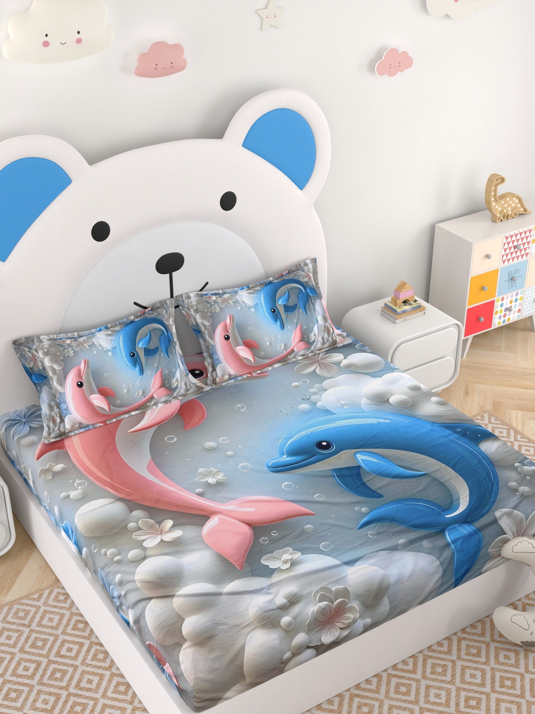 A-5058 - Poly Cotton 130 GSM Queen Size Digital Print Double Bedsheet (228X254) with Two Pillow Covers (43X69)