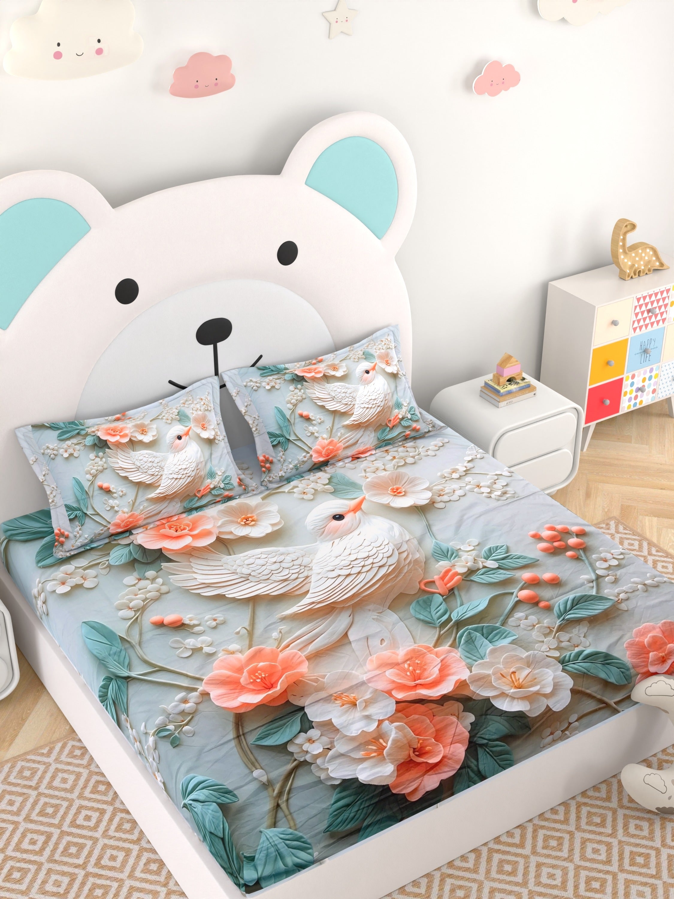 A-5062 - Poly Cotton 130 GSM Queen Size Digital Print Double Bedsheet (228X254) with Two Pillow Covers (43X69)