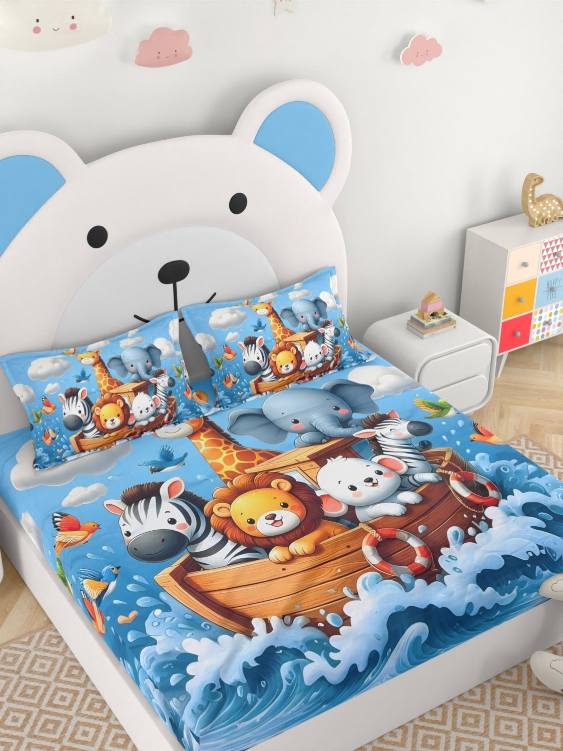 A-5064 - Poly Cotton 130 GSM Queen Size Digital Print Double Bedsheet (228X254) with Two Pillow Covers (43X69)