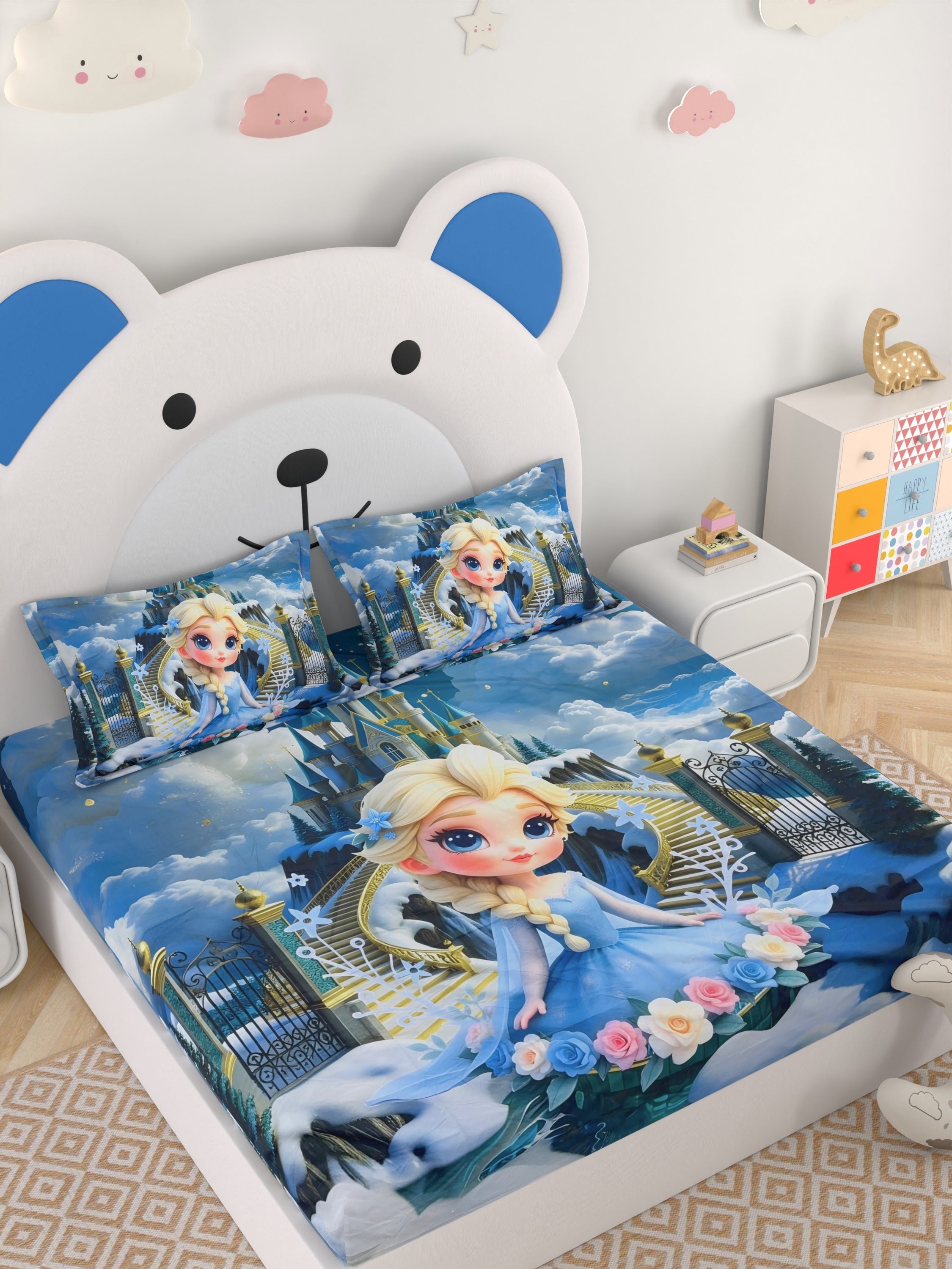 A-5067 - Poly Cotton 130 GSM Queen Size Digital Print Double Bedsheet (228X254) with Two Pillow Covers (43X69)