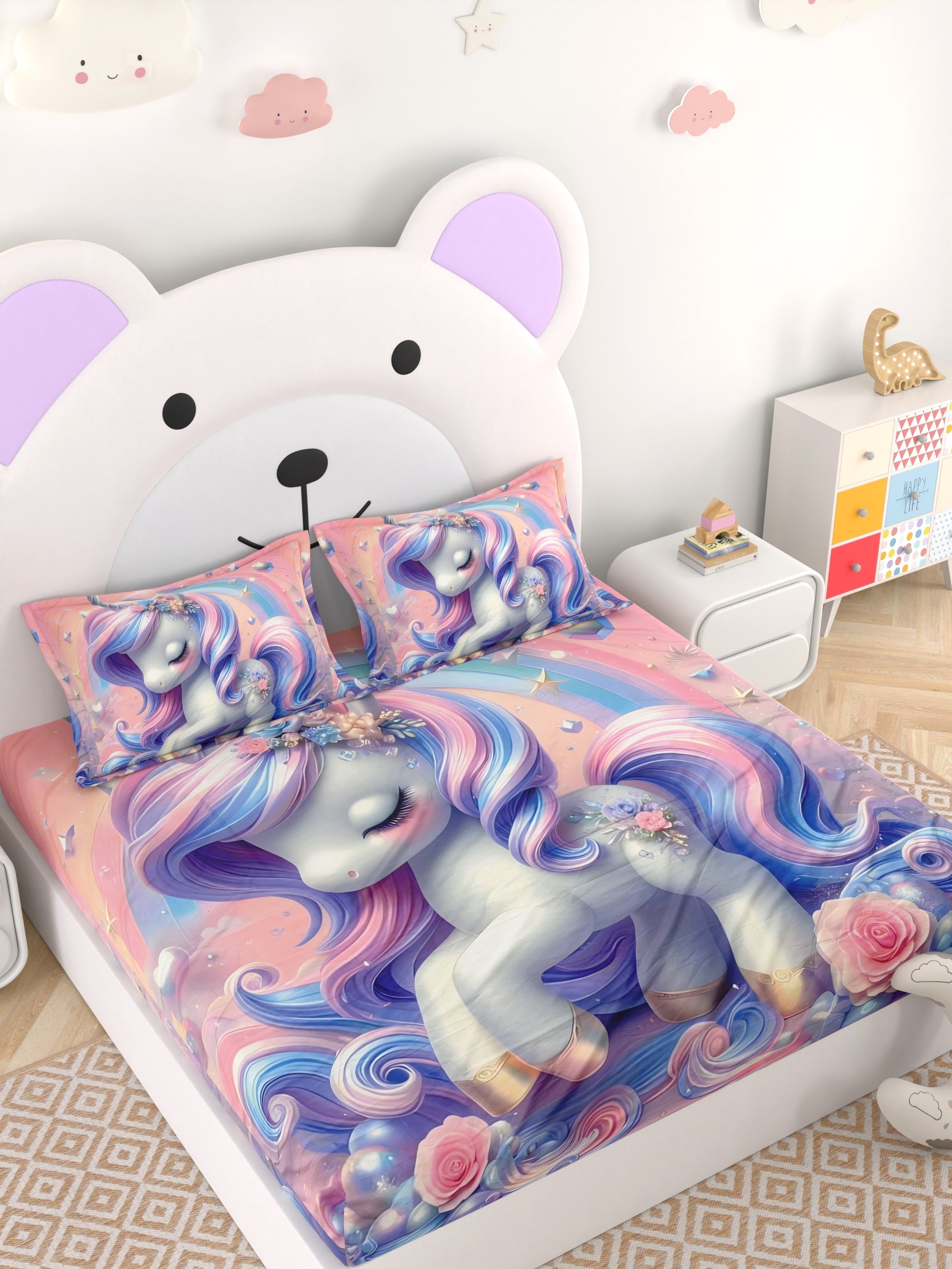 A-5068 - Poly Cotton 130 GSM Queen Size Digital Print Double Bedsheet (228X254) with Two Pillow Covers (43X69)