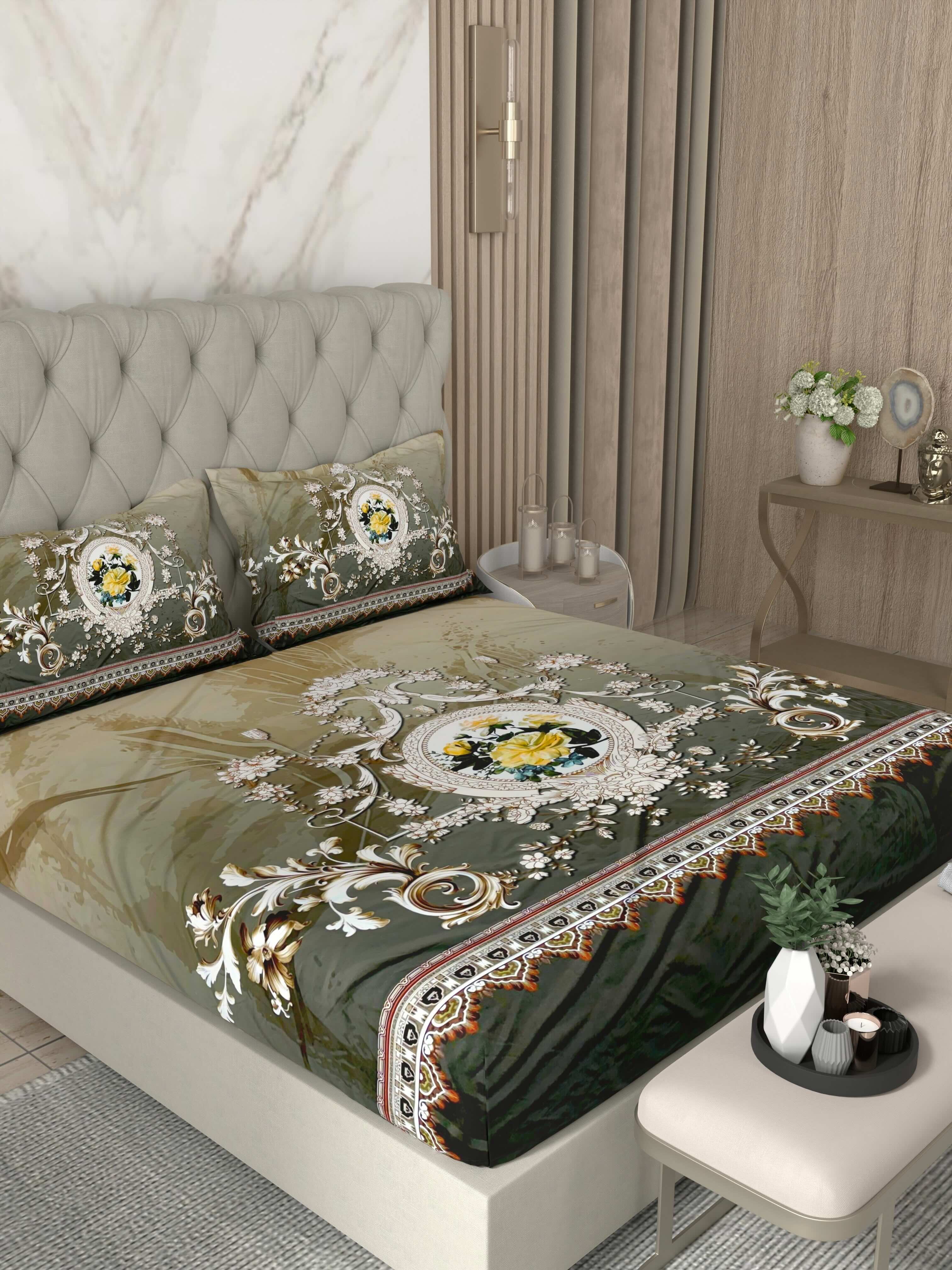 A-5069 - Poly Cotton 130 GSM Queen Size Digital Print Double Bedsheet (228X254) with Two Pillow Covers (43X69)