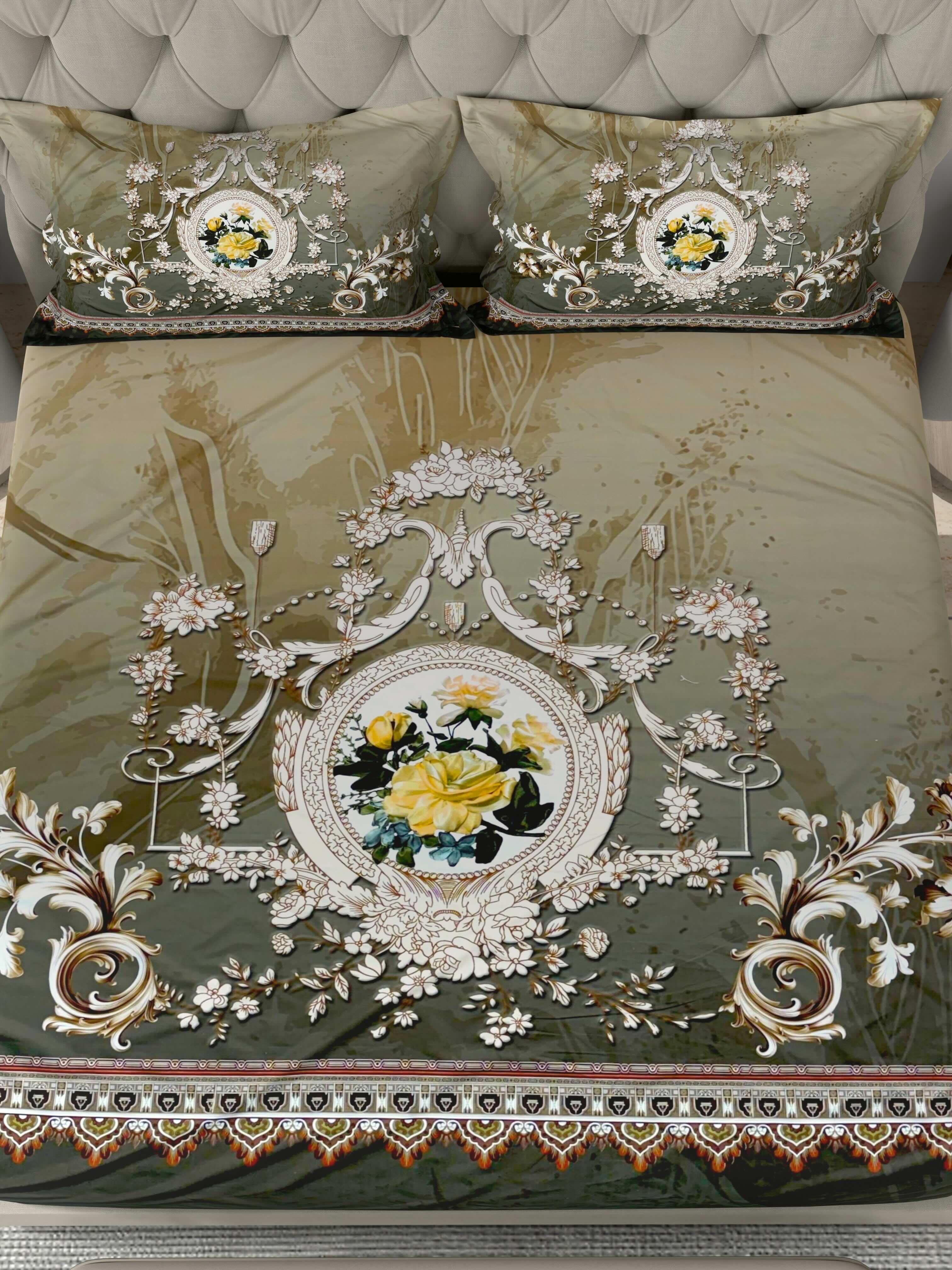 A-5069 - Poly Cotton 130 GSM Queen Size Digital Print Double Bedsheet (228X254) with Two Pillow Covers (43X69)