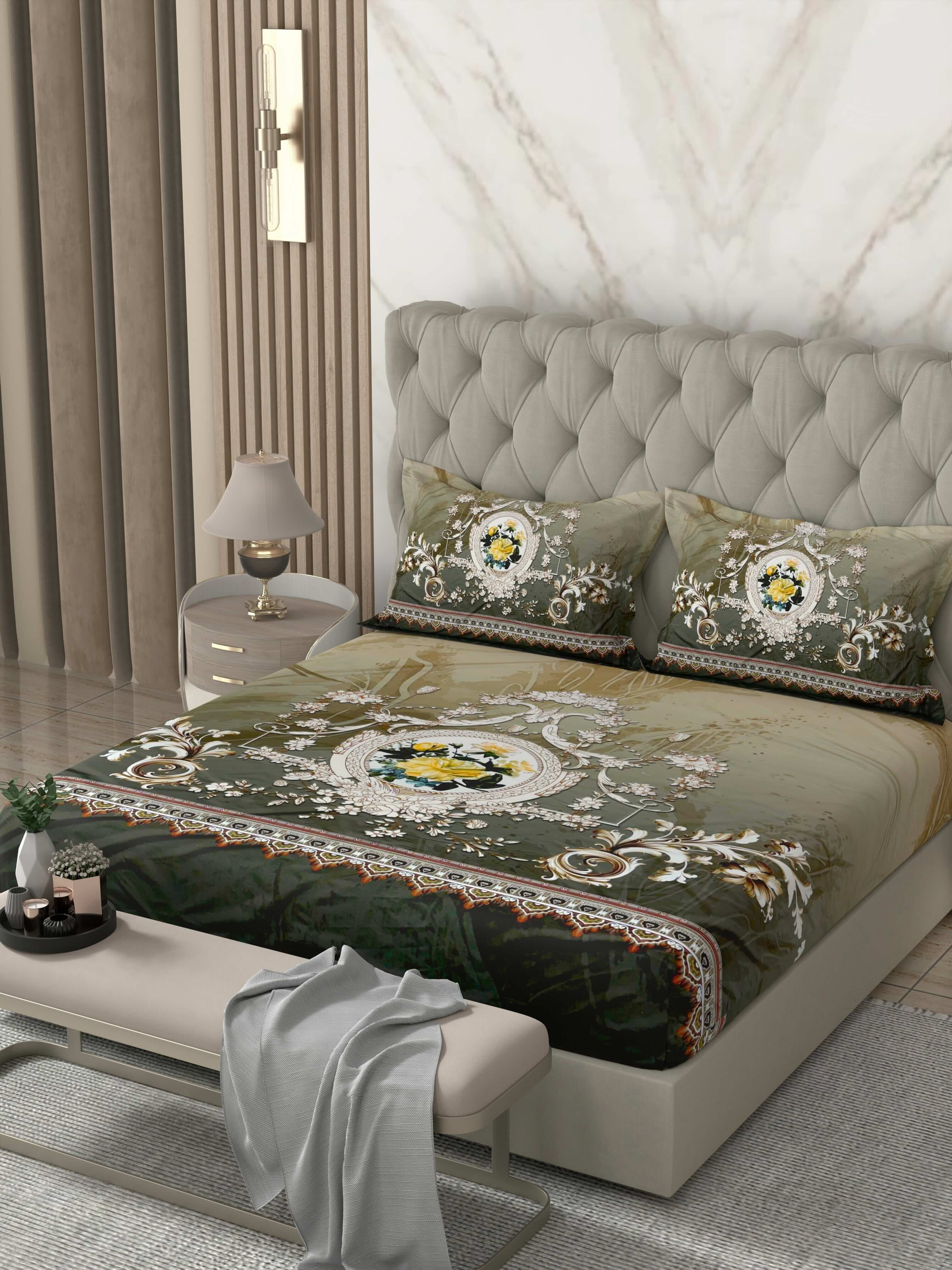 A-5069 - Poly Cotton 130 GSM Queen Size Digital Print Double Bedsheet (228X254) with Two Pillow Covers (43X69)