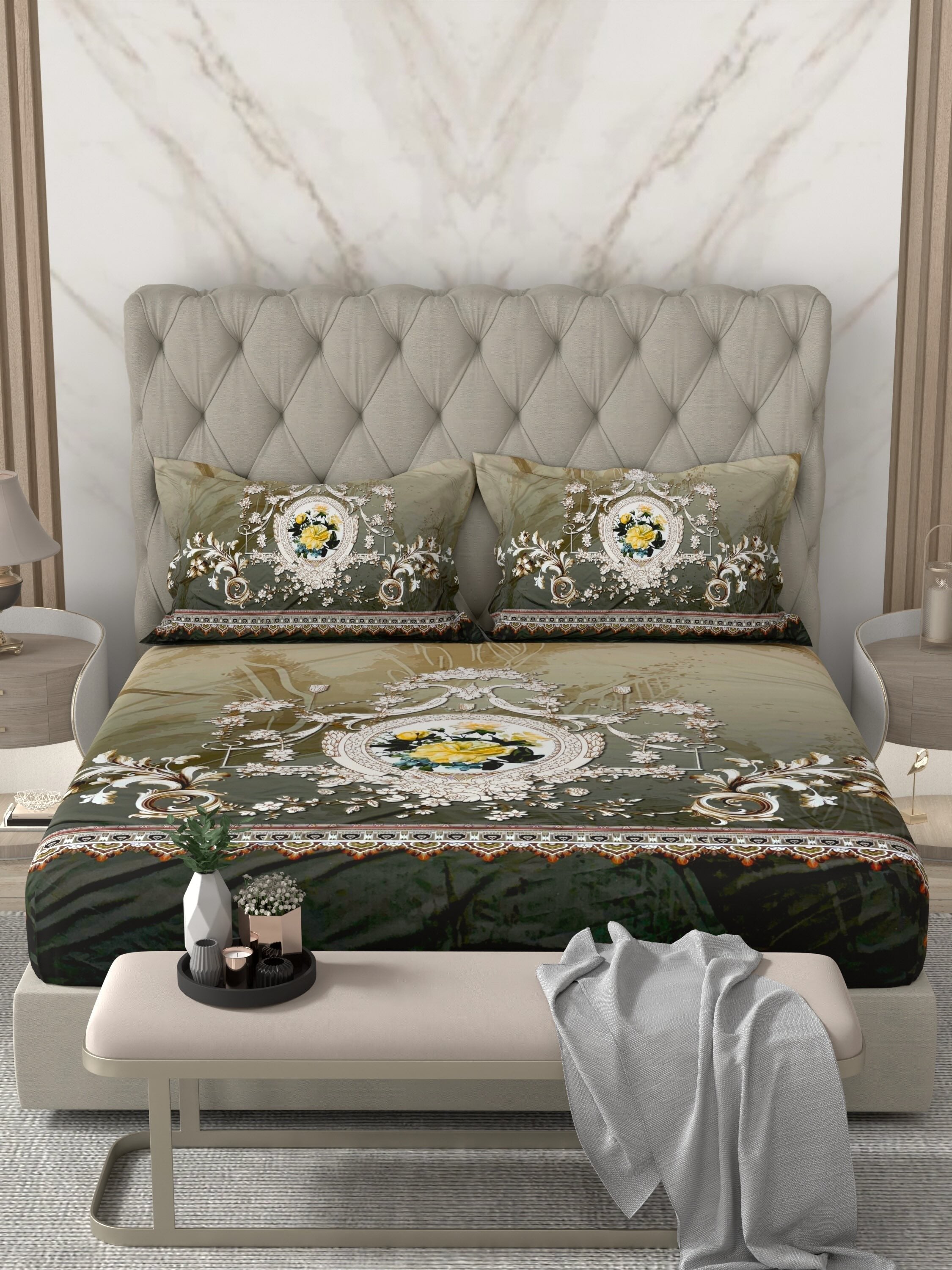 A-5069 - Poly Cotton 130 GSM Queen Size Digital Print Double Bedsheet (228X254) with Two Pillow Covers (43X69)