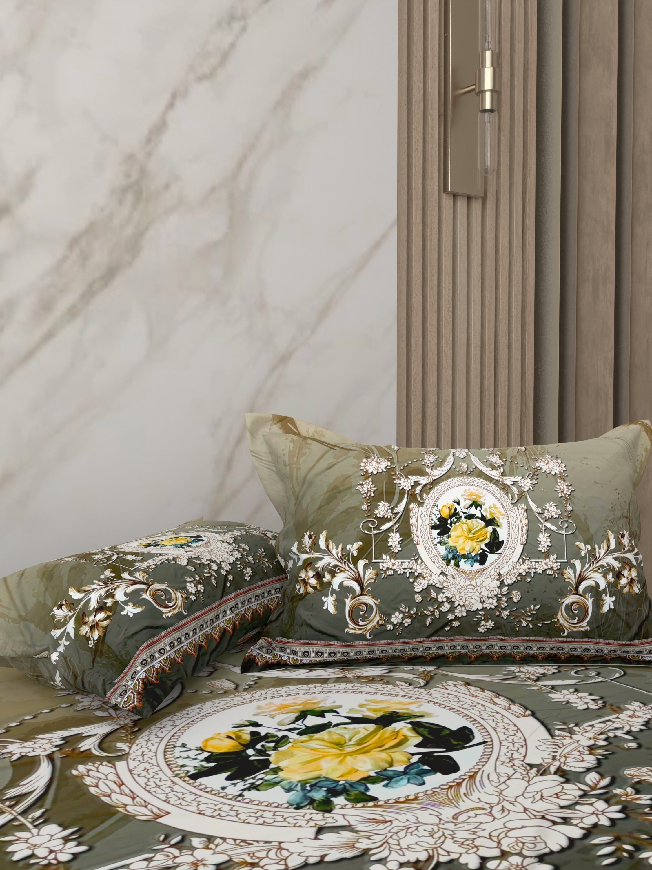 A-5069 - Poly Cotton 130 GSM Queen Size Digital Print Double Bedsheet (228X254) with Two Pillow Covers (43X69)