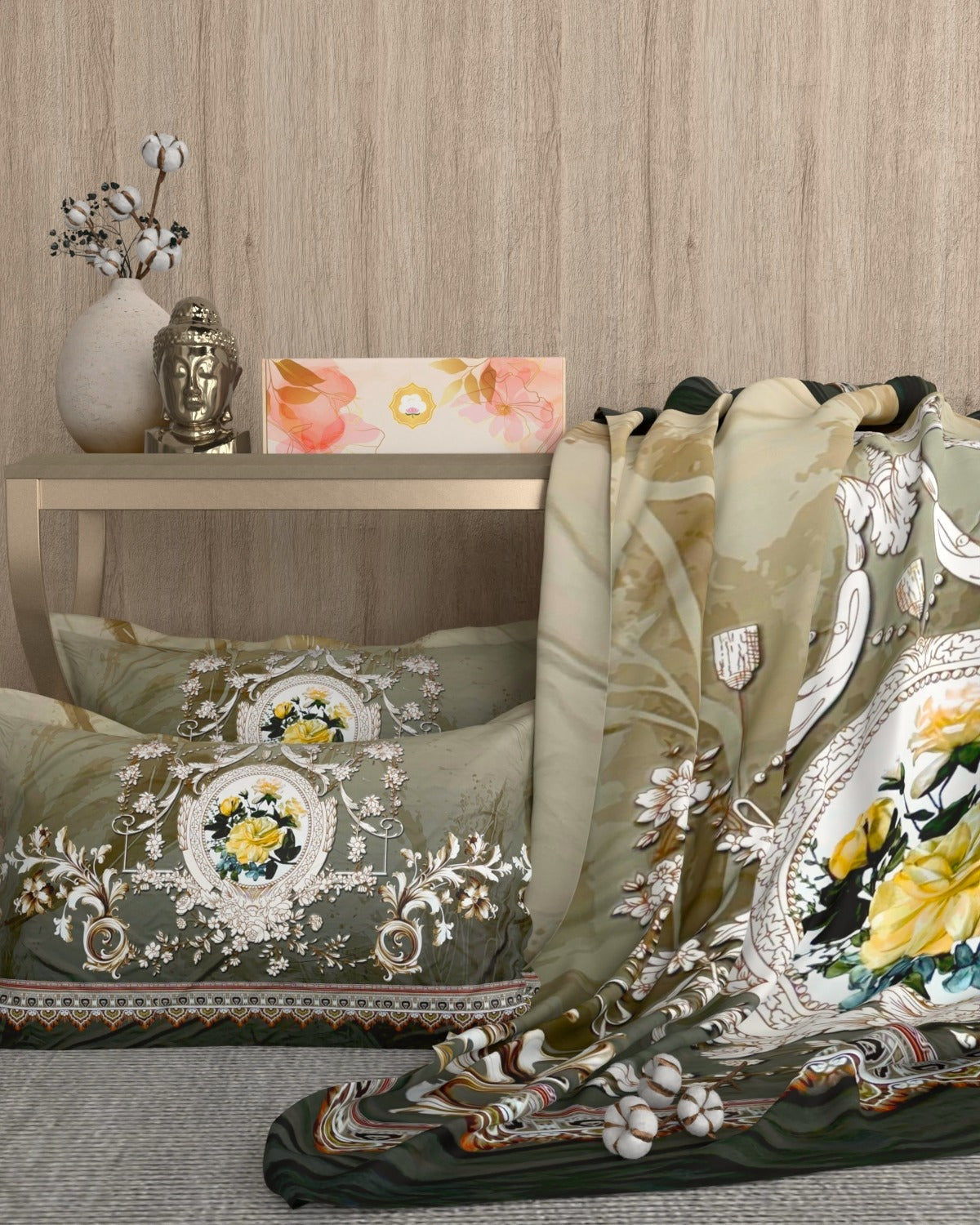 A-5069 - Poly Cotton 130 GSM Queen Size Digital Print Double Bedsheet (228X254) with Two Pillow Covers (43X69)