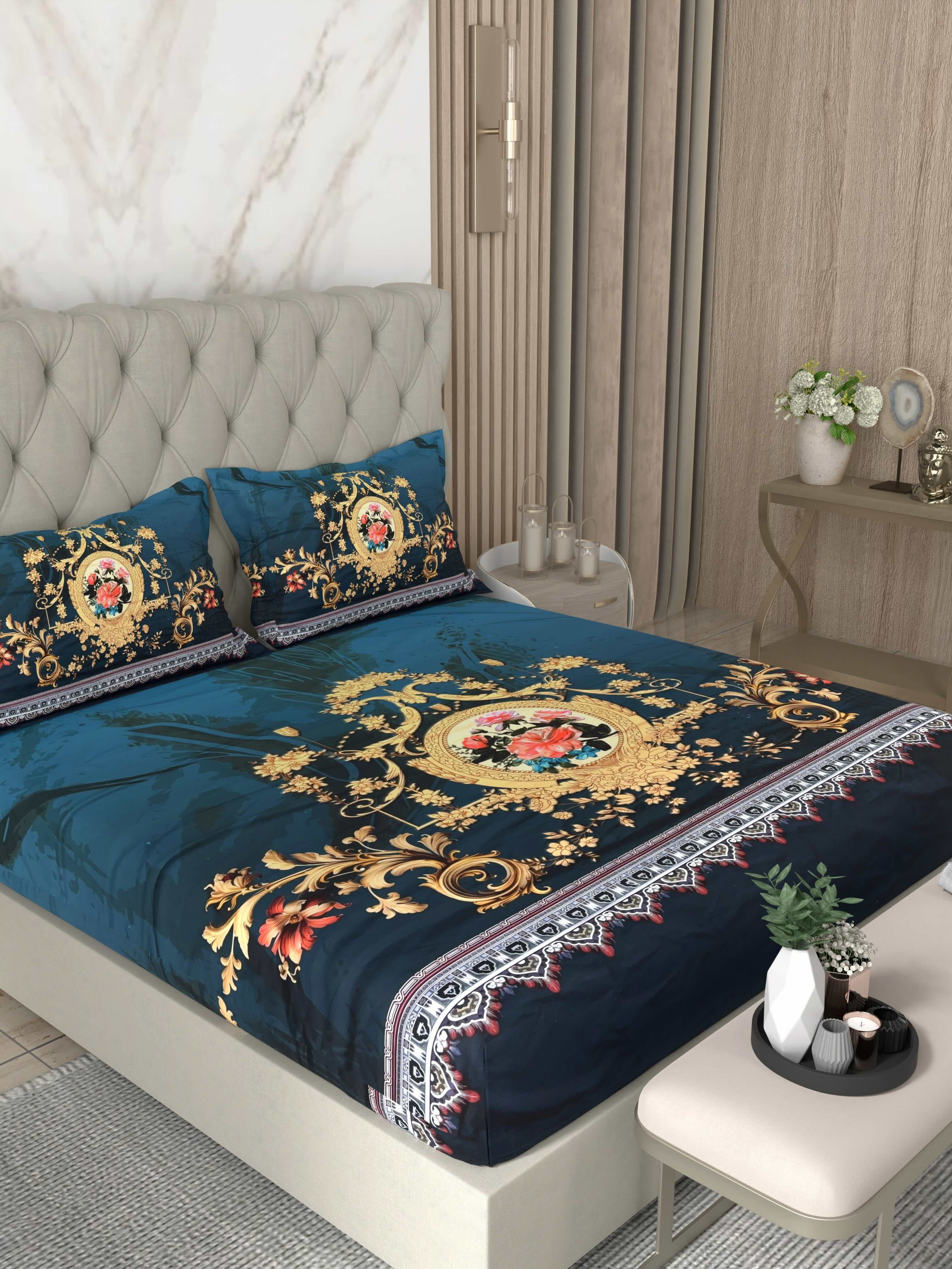 A-5070 - Poly Cotton 130 GSM Queen Size Digital Print Double Bedsheet (228X254) with Two Pillow Covers (43X69)