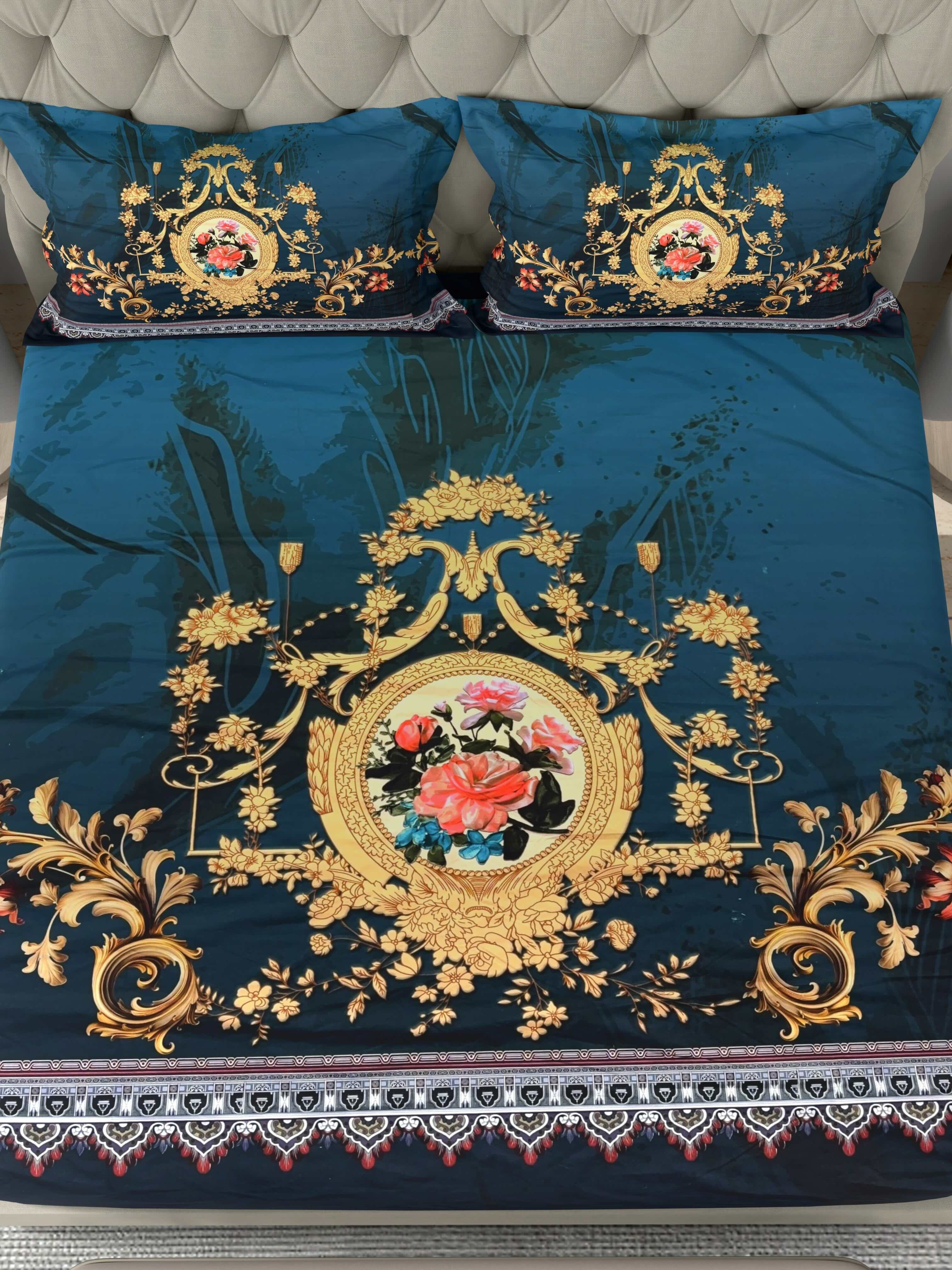 A-5070 - Poly Cotton 130 GSM Queen Size Digital Print Double Bedsheet (228X254) with Two Pillow Covers (43X69)