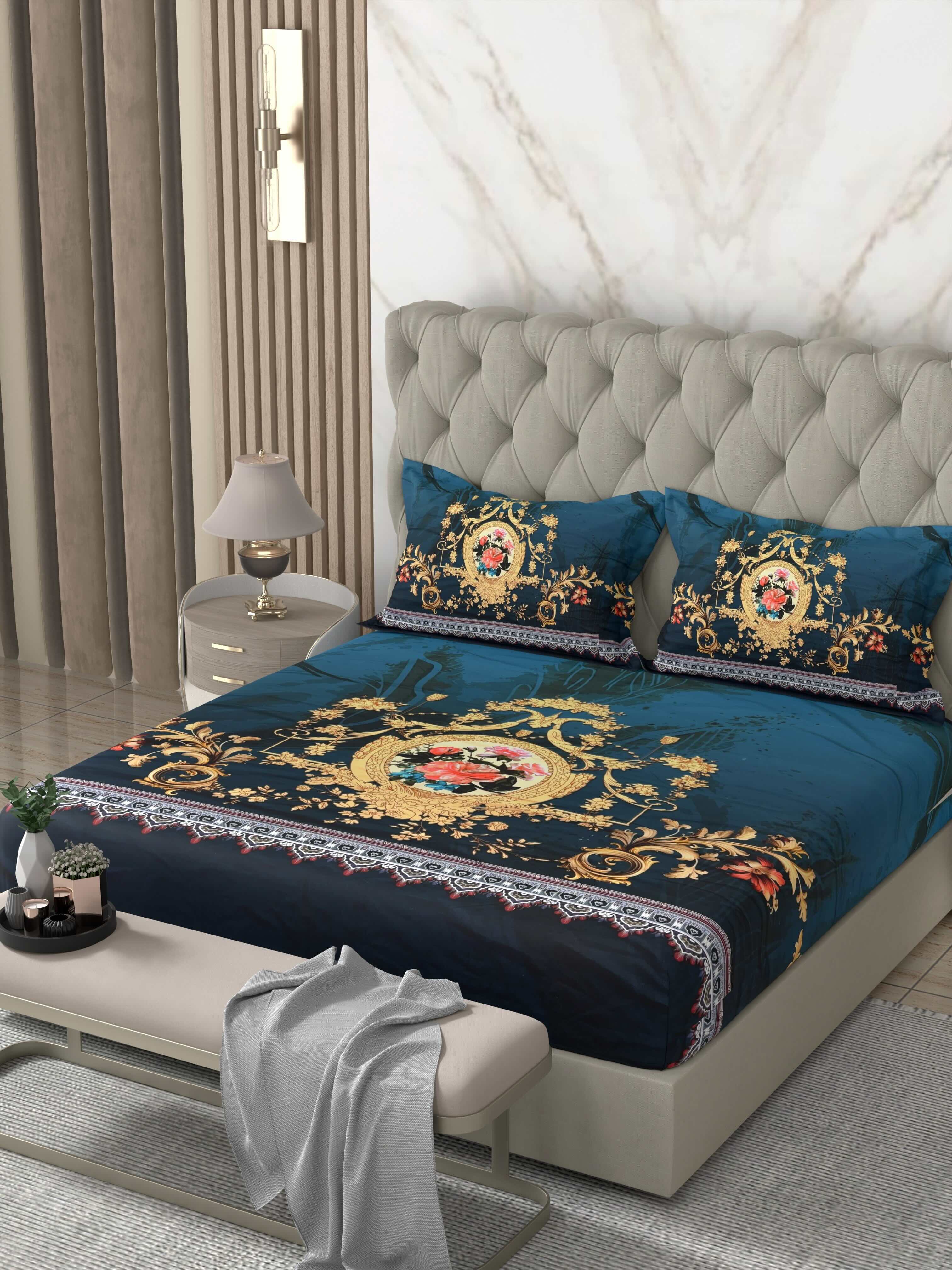 A-5070 - Poly Cotton 130 GSM Queen Size Digital Print Double Bedsheet (228X254) with Two Pillow Covers (43X69)