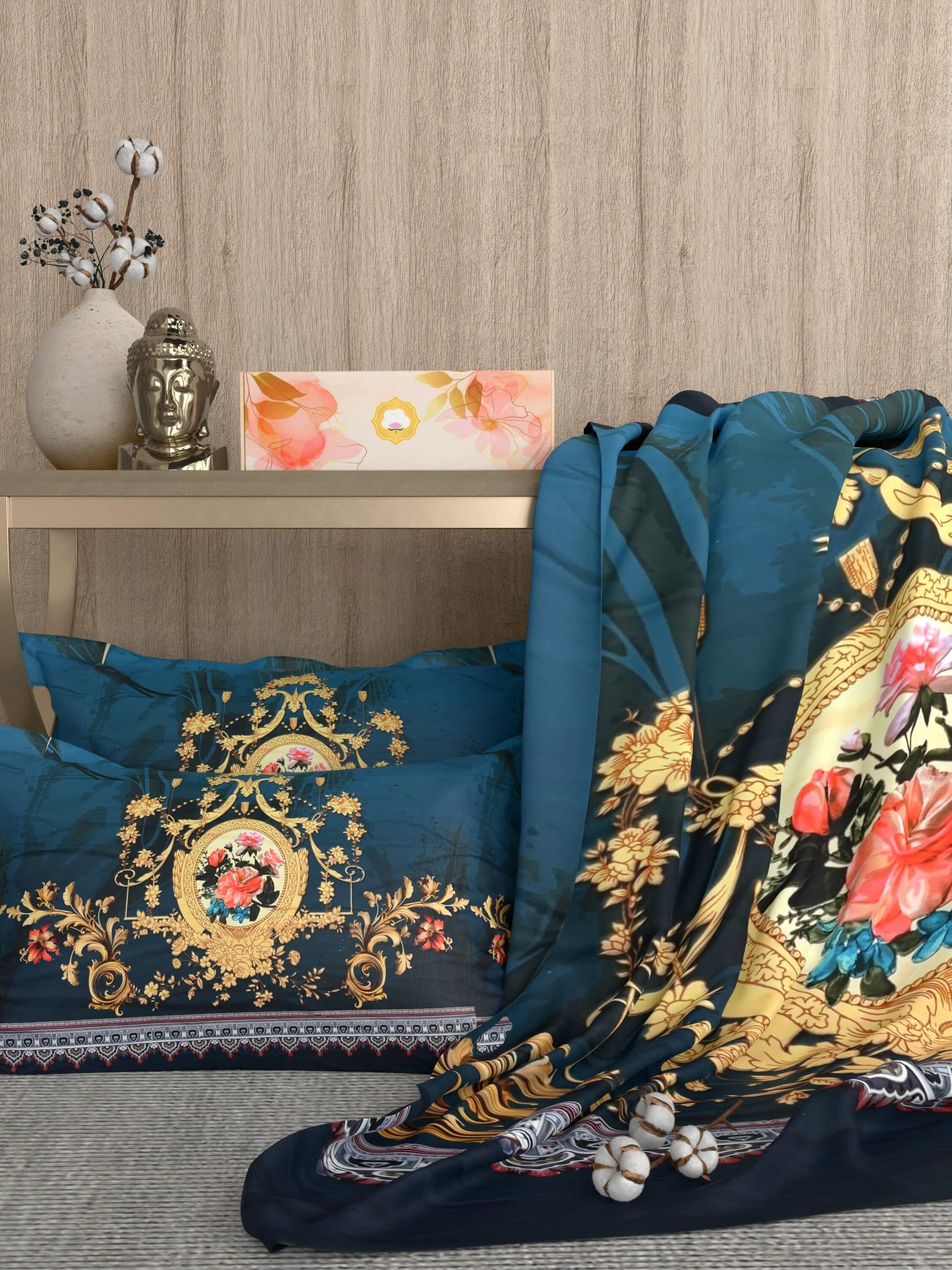 A-5070 - Poly Cotton 130 GSM Queen Size Digital Print Double Bedsheet (228X254) with Two Pillow Covers (43X69)