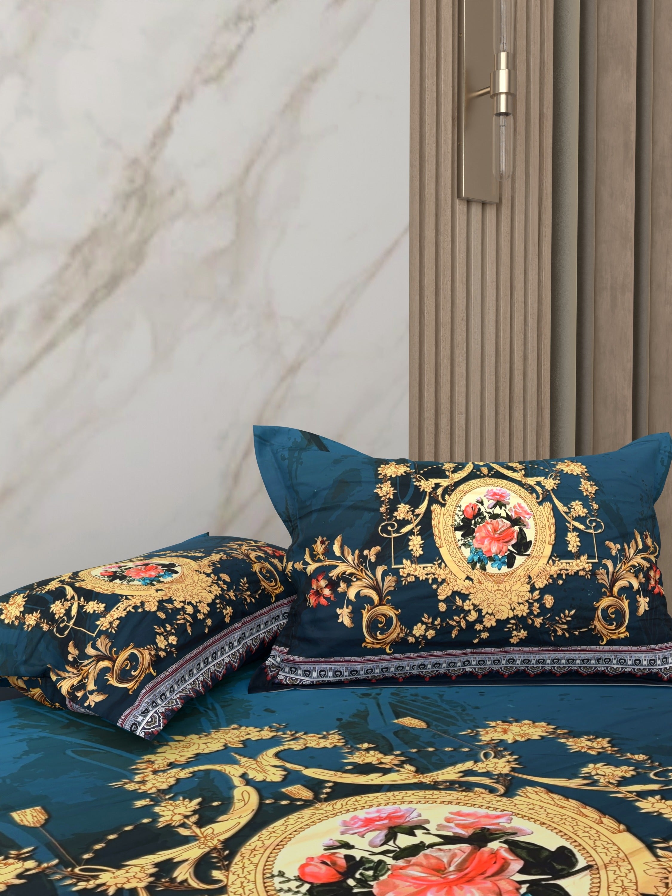 A-5070 - Poly Cotton 130 GSM Queen Size Digital Print Double Bedsheet (228X254) with Two Pillow Covers (43X69)