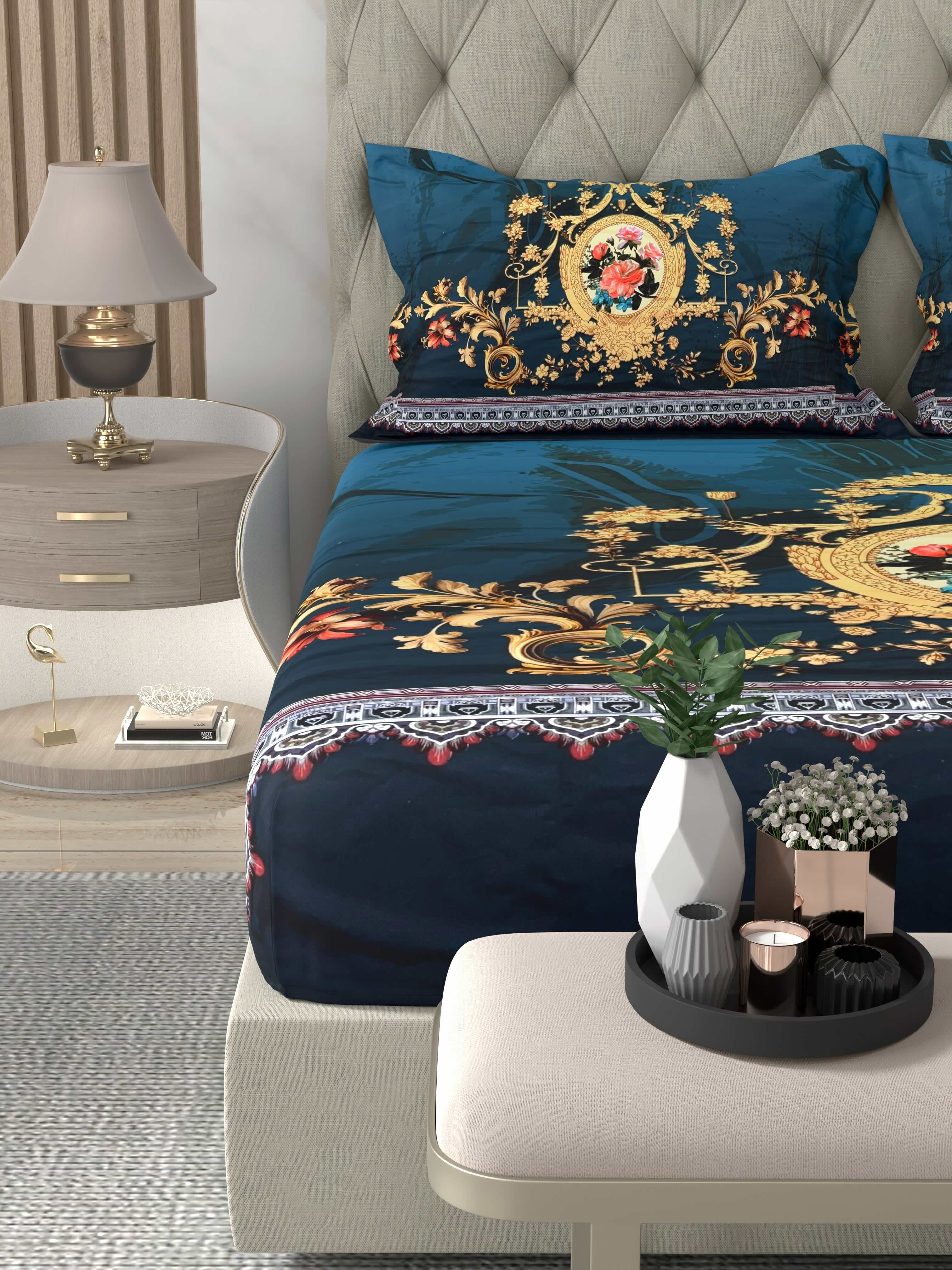 A-5070 - Poly Cotton 130 GSM Queen Size Digital Print Double Bedsheet (228X254) with Two Pillow Covers (43X69)